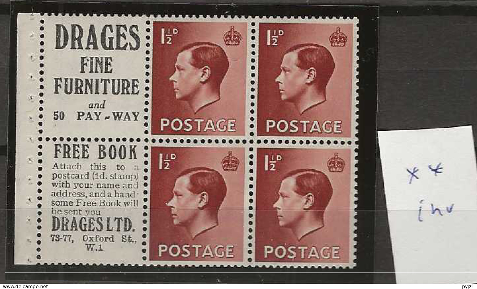 1936 MNH GB, SG 549a Booklet Pane Postfris** - Ongebruikt