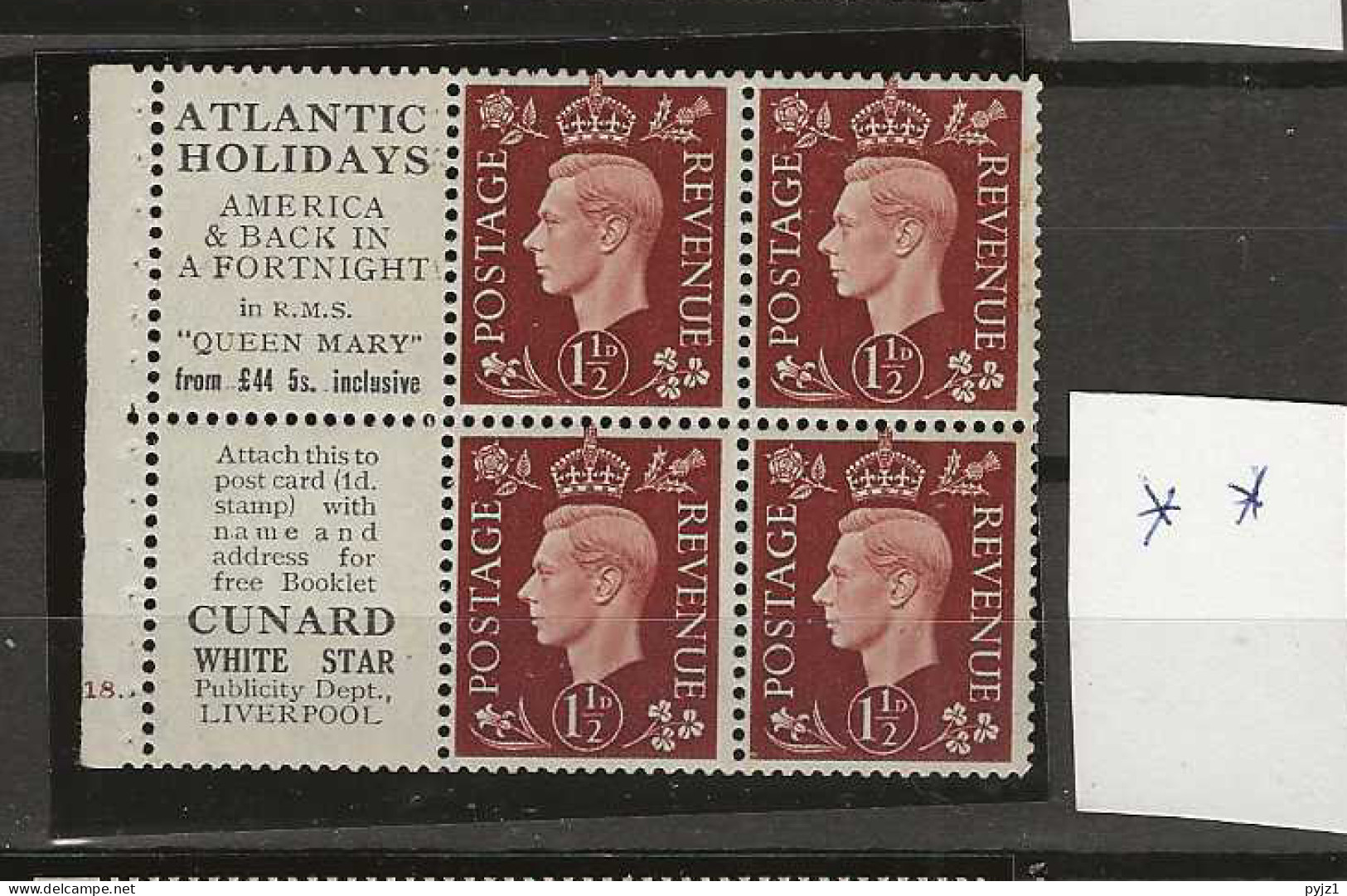 1937 MNH GB, Booklet Pane With Selfedge - Ungebraucht