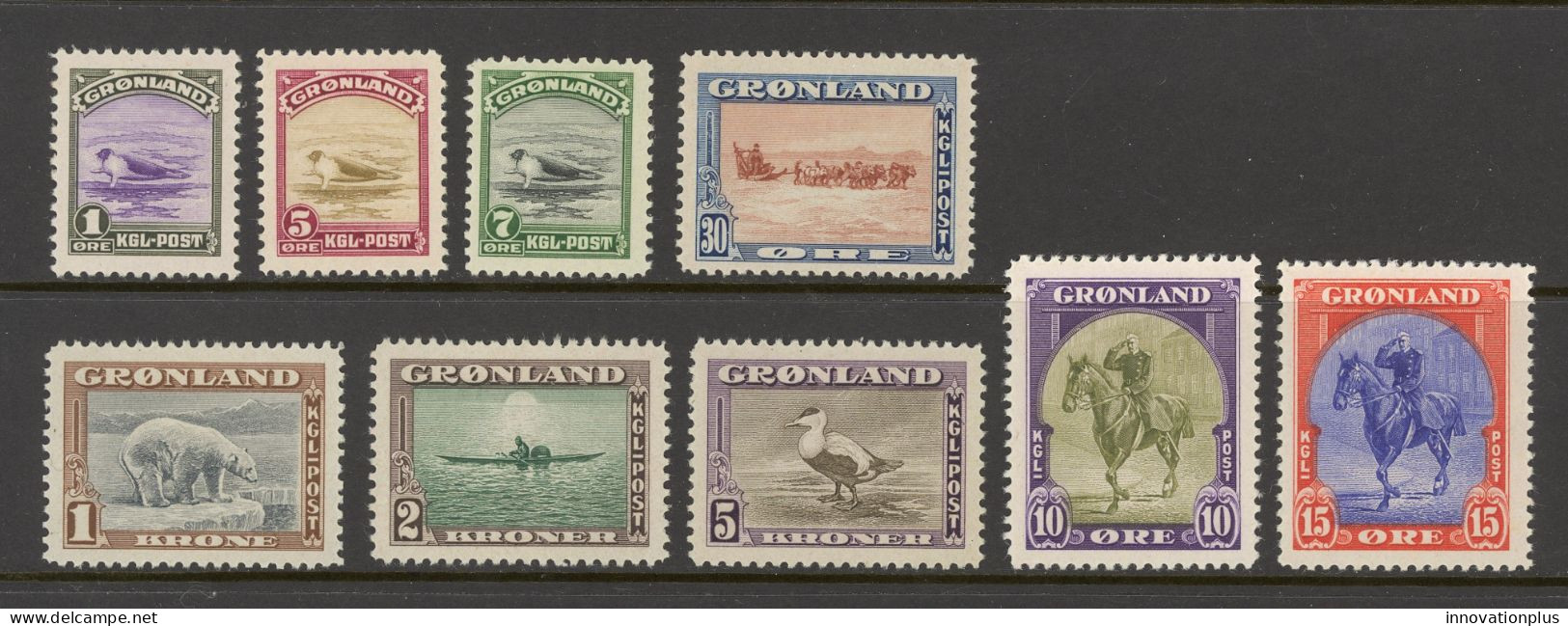 Greenland Sc# 10-18 MH 1945 Harp Seal, Christian X & Dog Team - Neufs