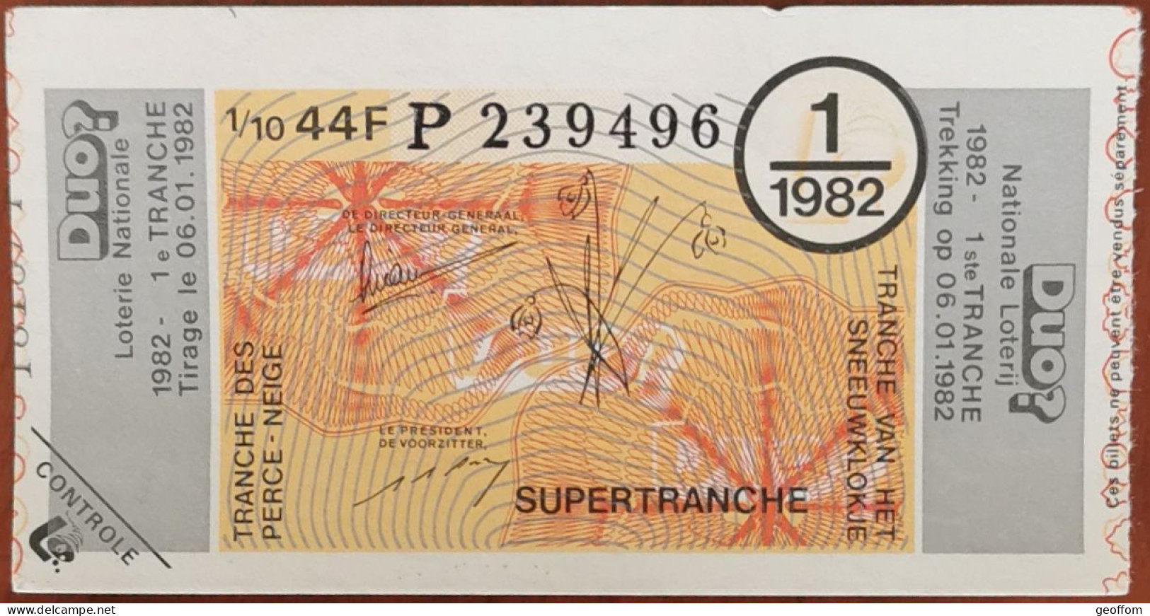 Billet De Loterie Nationale Belgique 1982 1e Tr - SuperTranche Des Perce-Neige  6-1-1982 - Billetes De Lotería