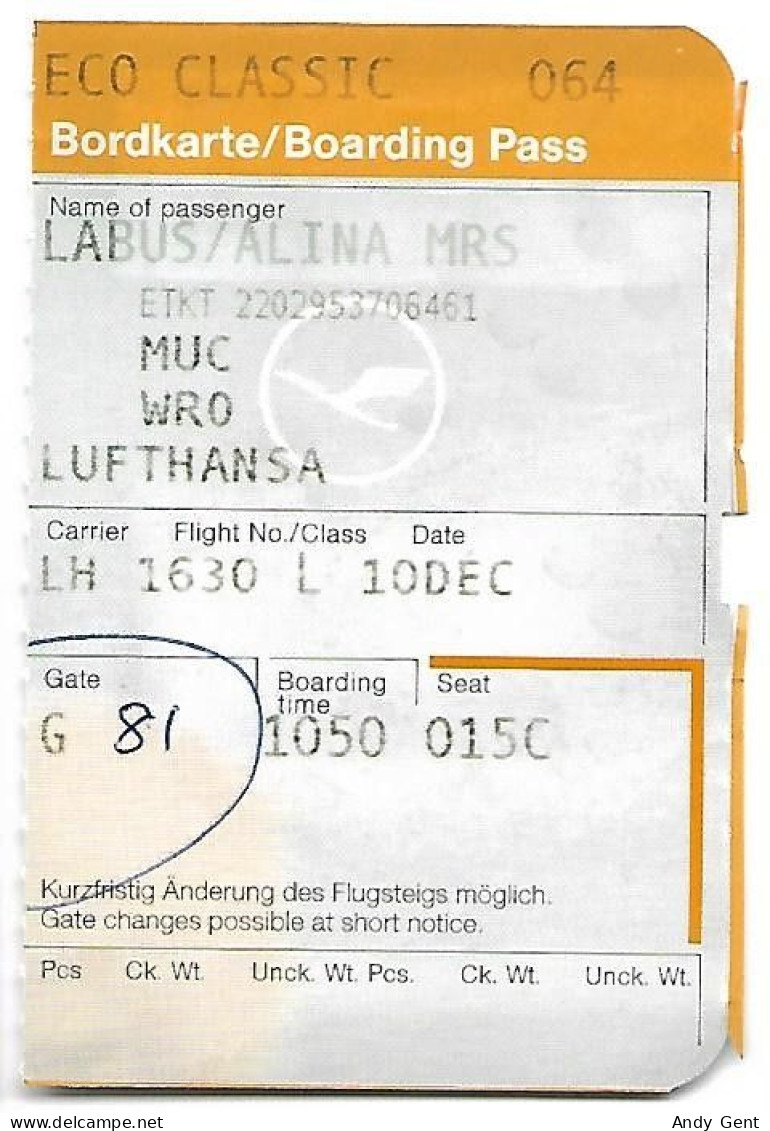 Boarding Pass / Avion / Aviation / Lufthansa - Carte D'imbarco