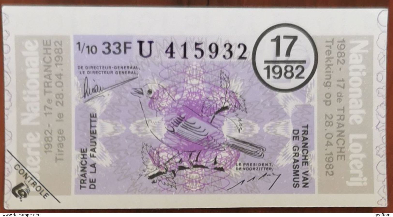 Billet De Loterie Nationale Belgique 1982 17e Tr - Tranche De La Fauvette - 28-4-1982 - Billetes De Lotería