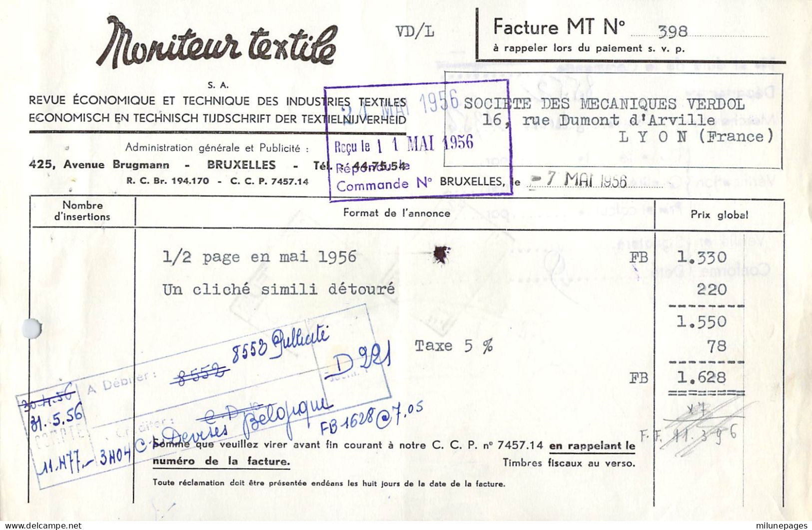 Belgique Belgie Timbre Fiscal 70F + 8F Sur Facture Du Moniteur Textile De Bruxelles En 1956 - Documentos
