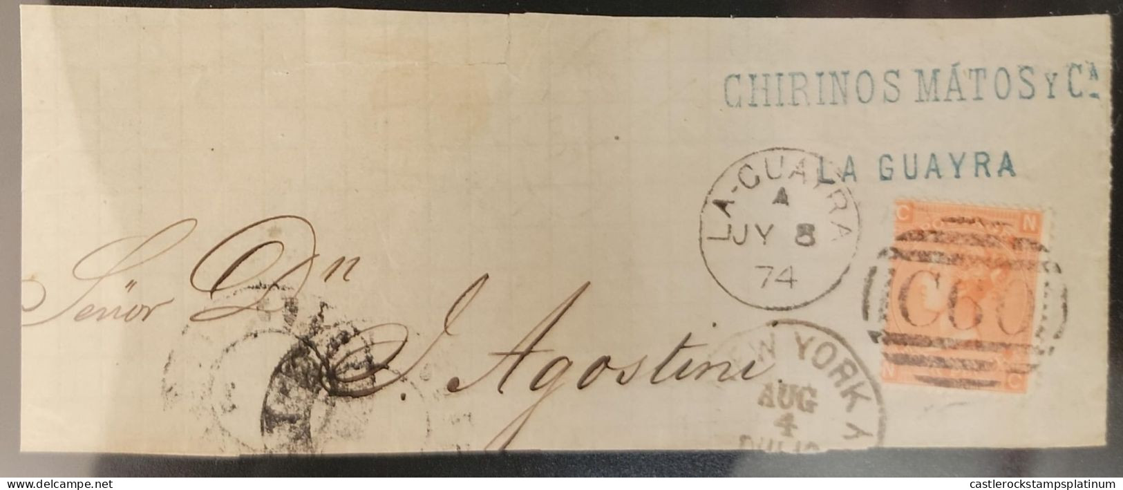 O) 1874 VENEZUELA, LA GUAYRA, QEEN VICTORIA, C60, BPO, FRAGMENT, CIRCULATED COVER TO NEW YORK - Venezuela