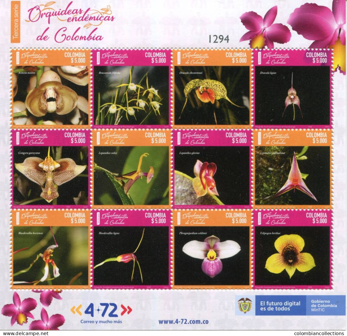 Lote 2022-23P, Colombia, 2022, Pliego, Sheet, Tercera Serie Orquideas Endemicas De Colombia, Endemic Orchid - Colombie