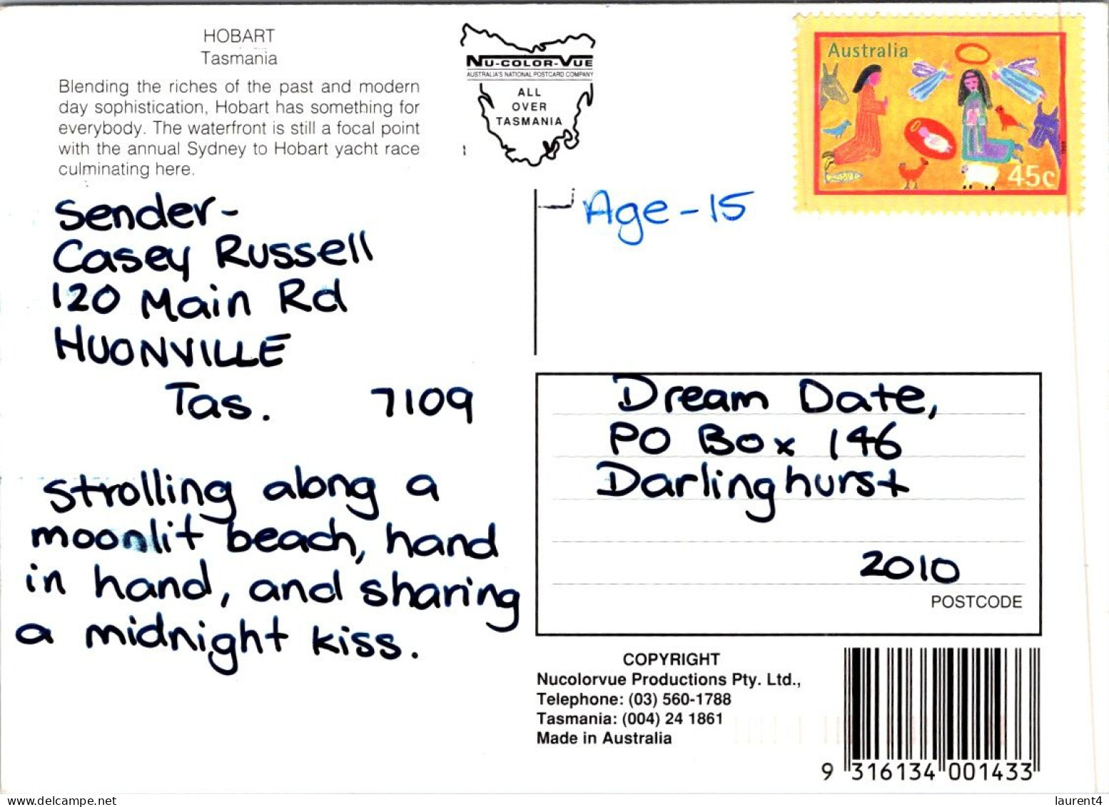 10-12-2023 (1 W 46) Australia - TAS - Hobart City & Hotel Casino (posted With Xmas Stamp But NO Postmark !) - Hobart