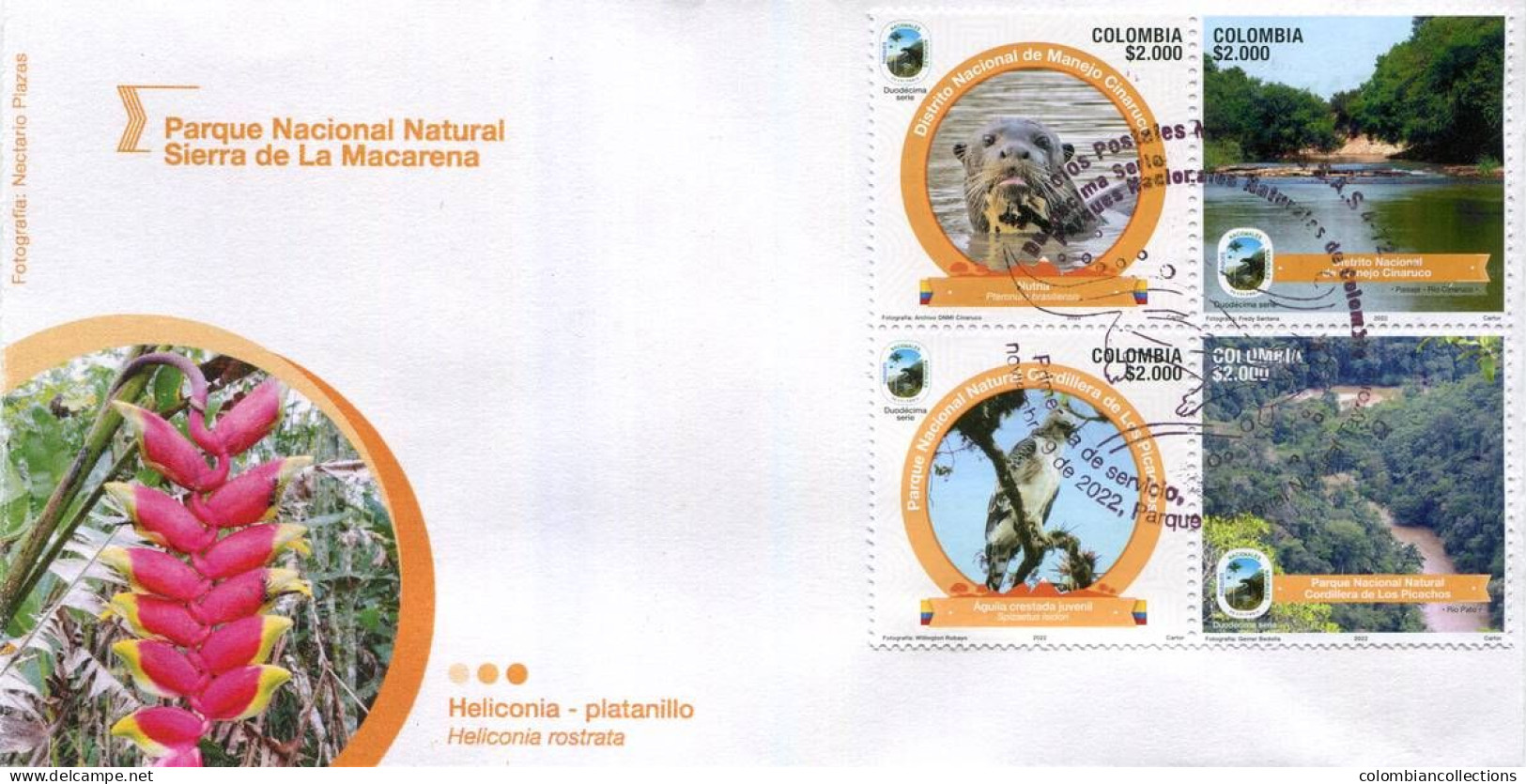 Lote 2022-24P, Colombia, 2022, 2 SPD-FDC, Parques Nacionales, National Park 12 Issue, Bird, Insect, Waterfall Petrogific - Colombie