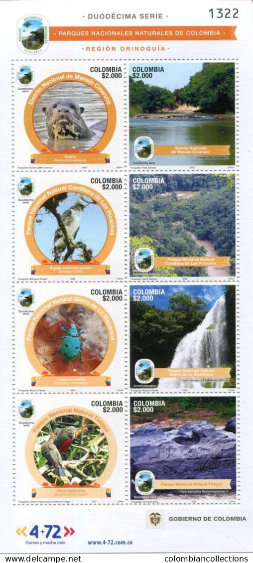 Lote 2022-24P, Colombia, 2022, Pliego, Sheet, Parques Nacionales, National Park 12 Issue, Bird, Insect, Waterfall - Colombie