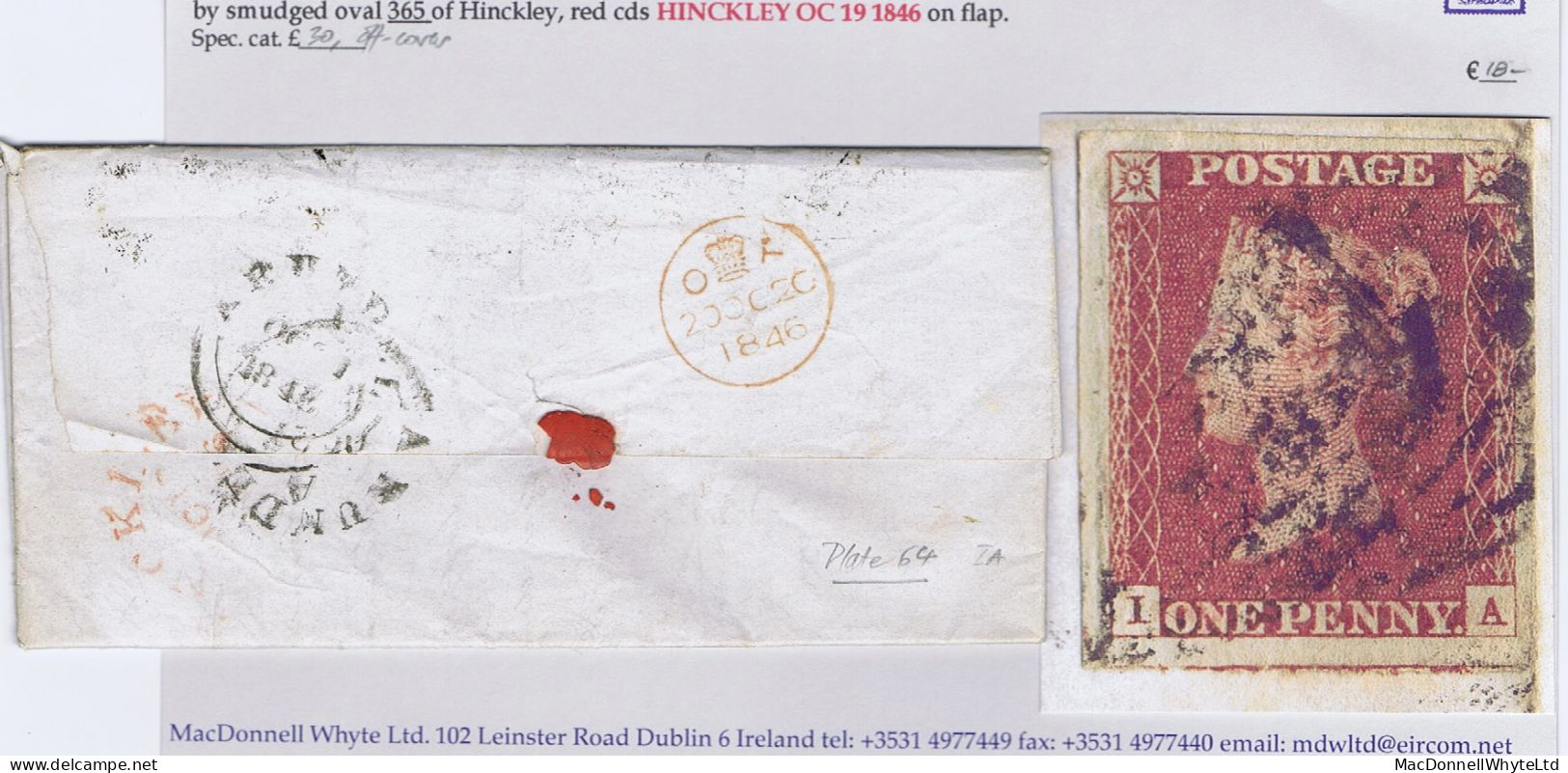 GB 1845 Imperf 1d Red Plate 64 IA, Huge Margins On 1846 Cover Stapleton To Arundel, Smudged "365" Numeral Of Hinckley - Briefe U. Dokumente