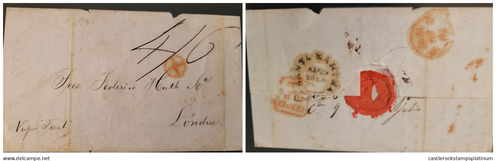 O) COLOMBIA, SANTA MARTHA, PREPHILATELIC MARK IN RED, LACRE, CORRESPONDENCE BY STEAMSHIP, CIRCULATED TO LONDON - Colombie