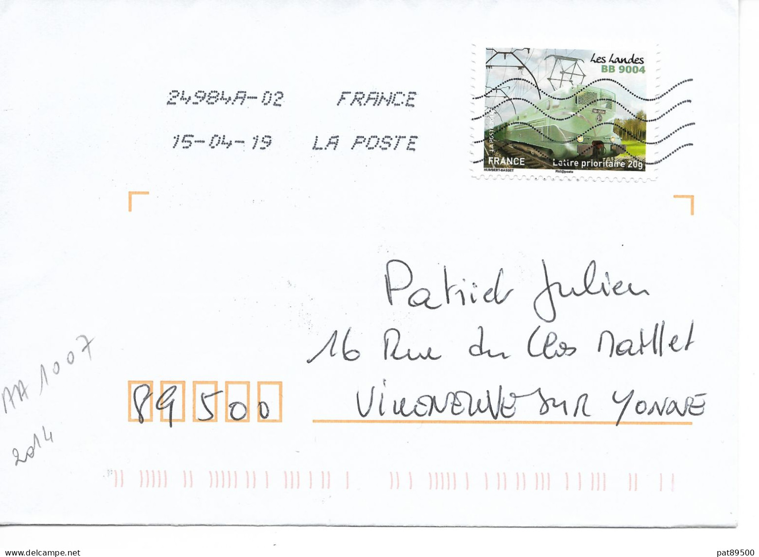 FRANCE TRAINS 2014 :   AA 1007 BB 9004 Les Landes Sur Petite Enveloppe Entière OBL.. 2019 - Lettres & Documents