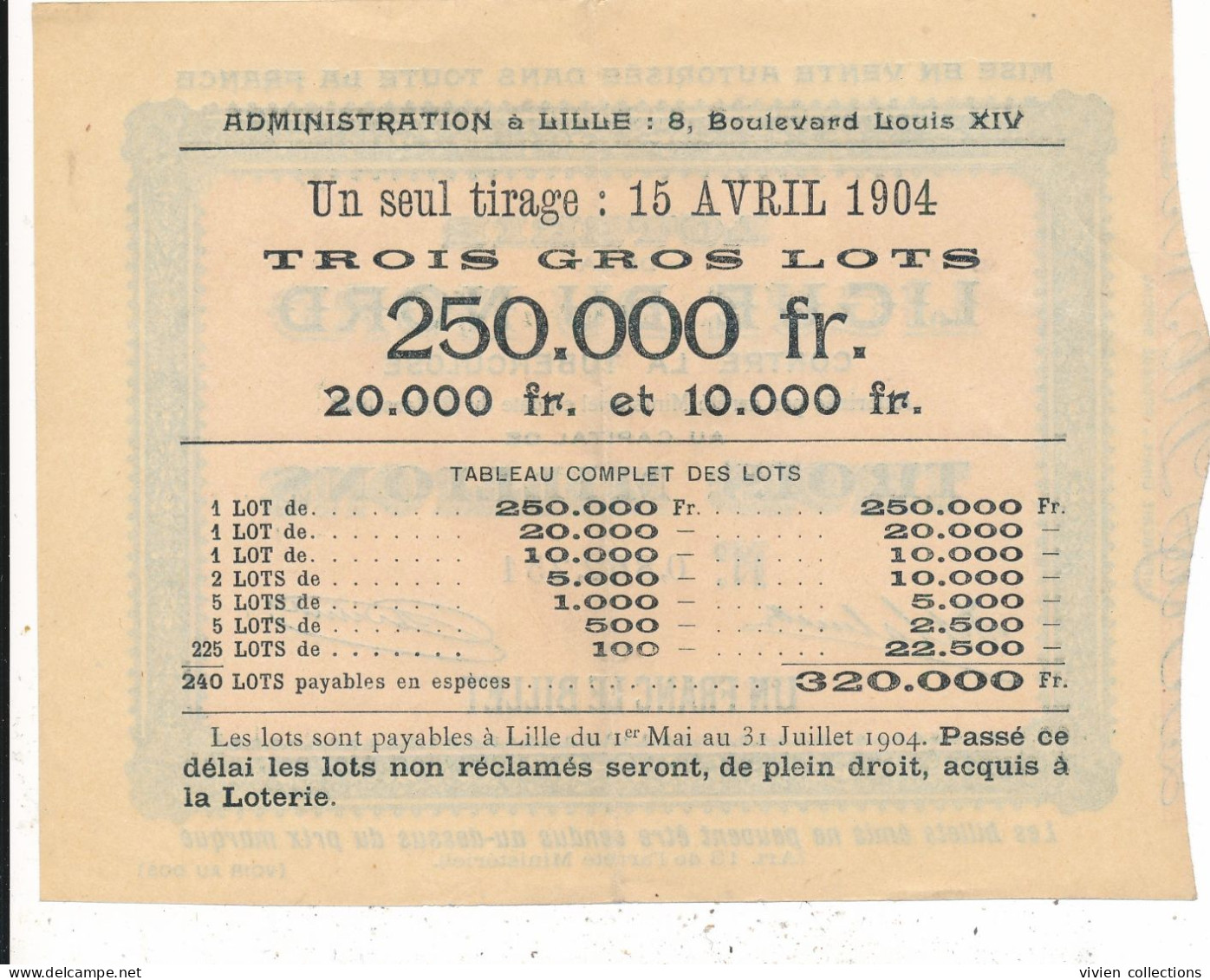 Lille (59) Billet De Loterie 1904 De La Ligue Du Nord Contre La Tuberculose Billet De Un Franc - Billetes De Lotería