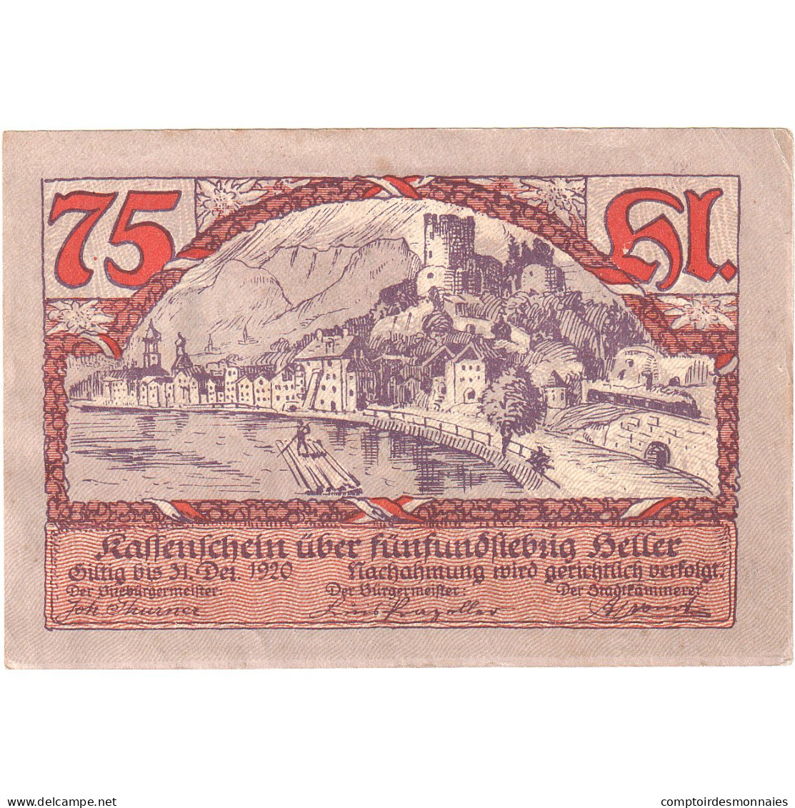 Autriche, Rattenberg, 75 Heller, Ville, 1920, 1920-12-31, SUP, Mehl:FS 821I - Oesterreich