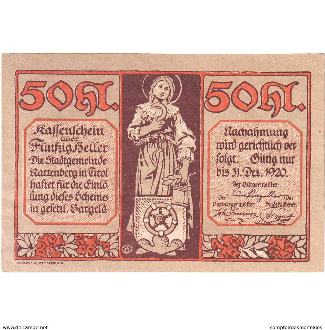 Autriche, Rattenberg, 50 Heller, Statue, 1920, 1920-12-31, SPL, Mehl:FS 821I - Oesterreich