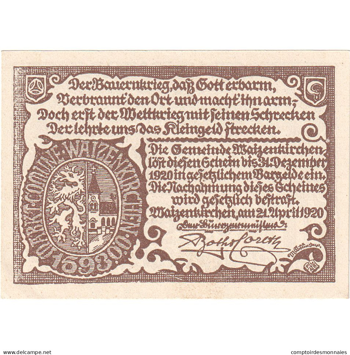 Autriche, Waizenkirchen, 10 Heller, Château 1920-12-31, SPL, Mehl:FS 1128a - Oesterreich