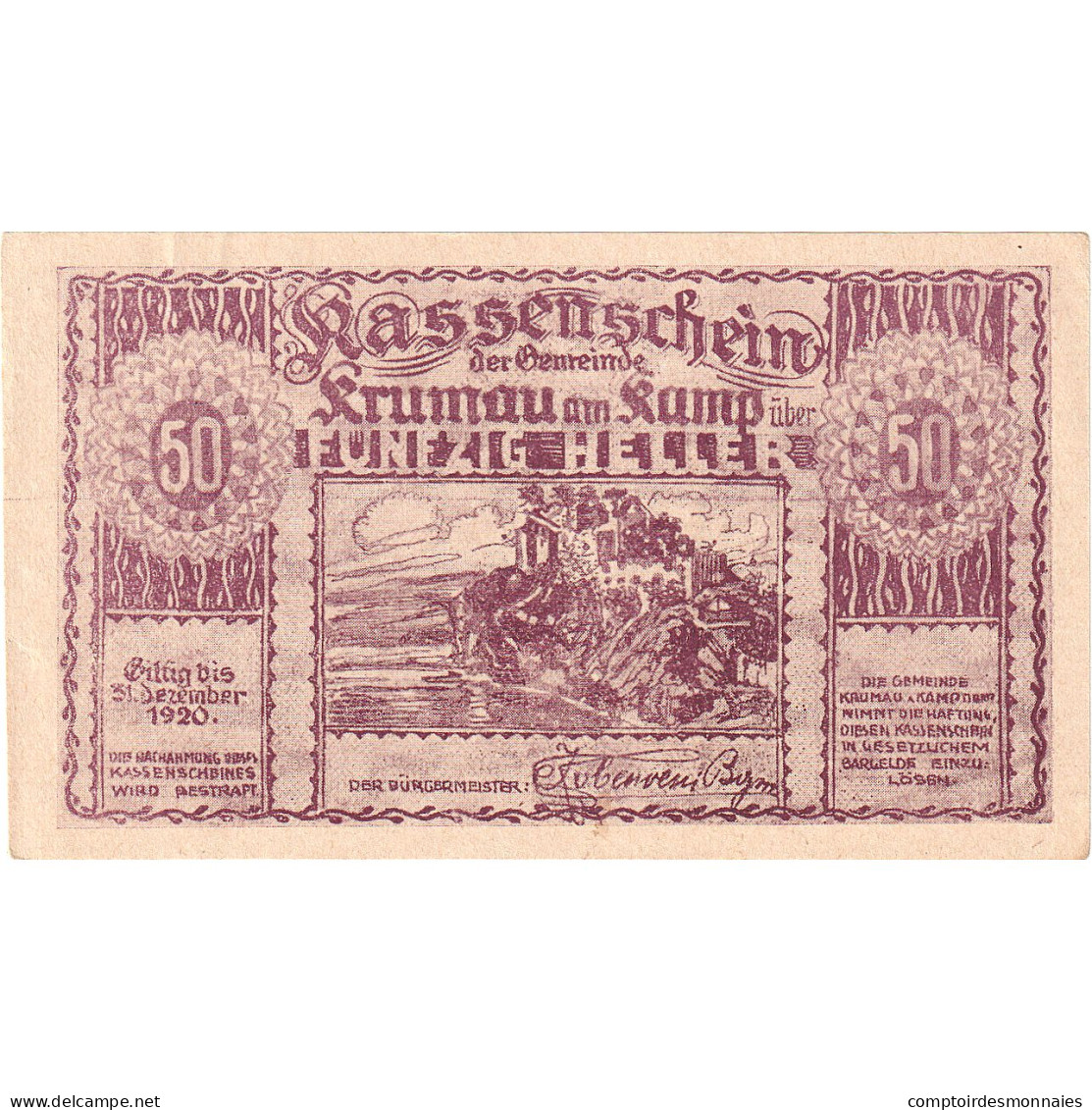 Autriche, Krumau Am Kamp, 50 Heller, Rocher, 1920, 1920-12-31, SPL, Mehl:FS 487a - Oesterreich