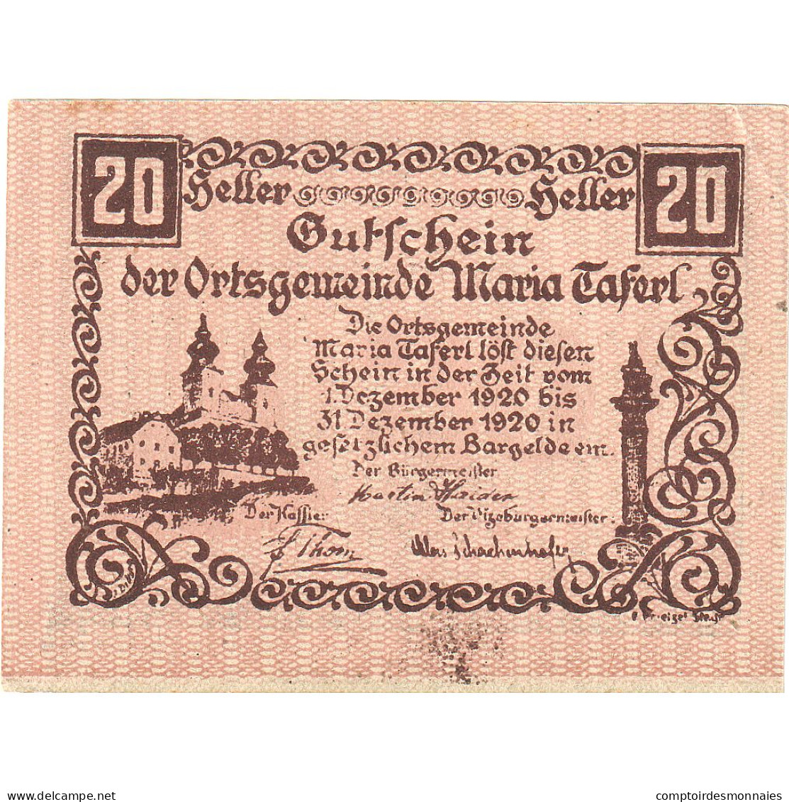 Autriche, Maria Taferl, 20 Heller, Eglise, 1920, 1920-12-31, SPL, Mehl:FS 588 - Oesterreich