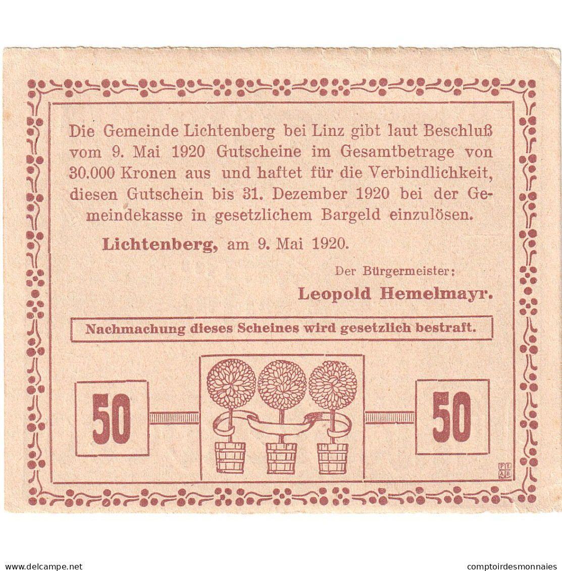 Autriche, Lichtenberg, 50 Heller, Ferme, 1920, 1920-12-31, SUP, Mehl:FS 518a - Oesterreich