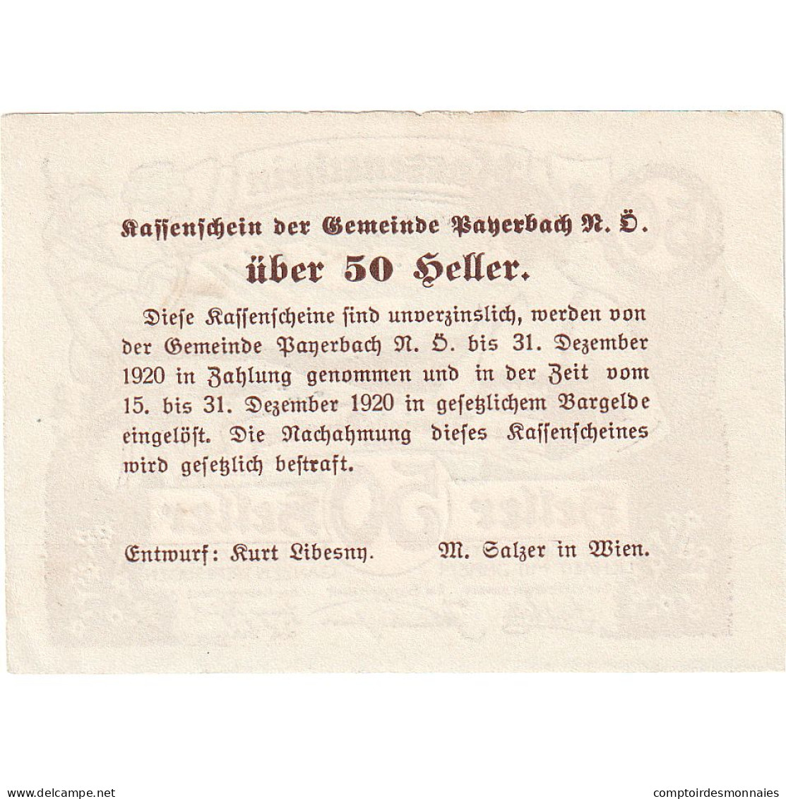 Autriche, Payerbach, 50 Heller, Paysage, 1920, 1920-12-31, SUP+, Mehl:FS 725 - Oesterreich