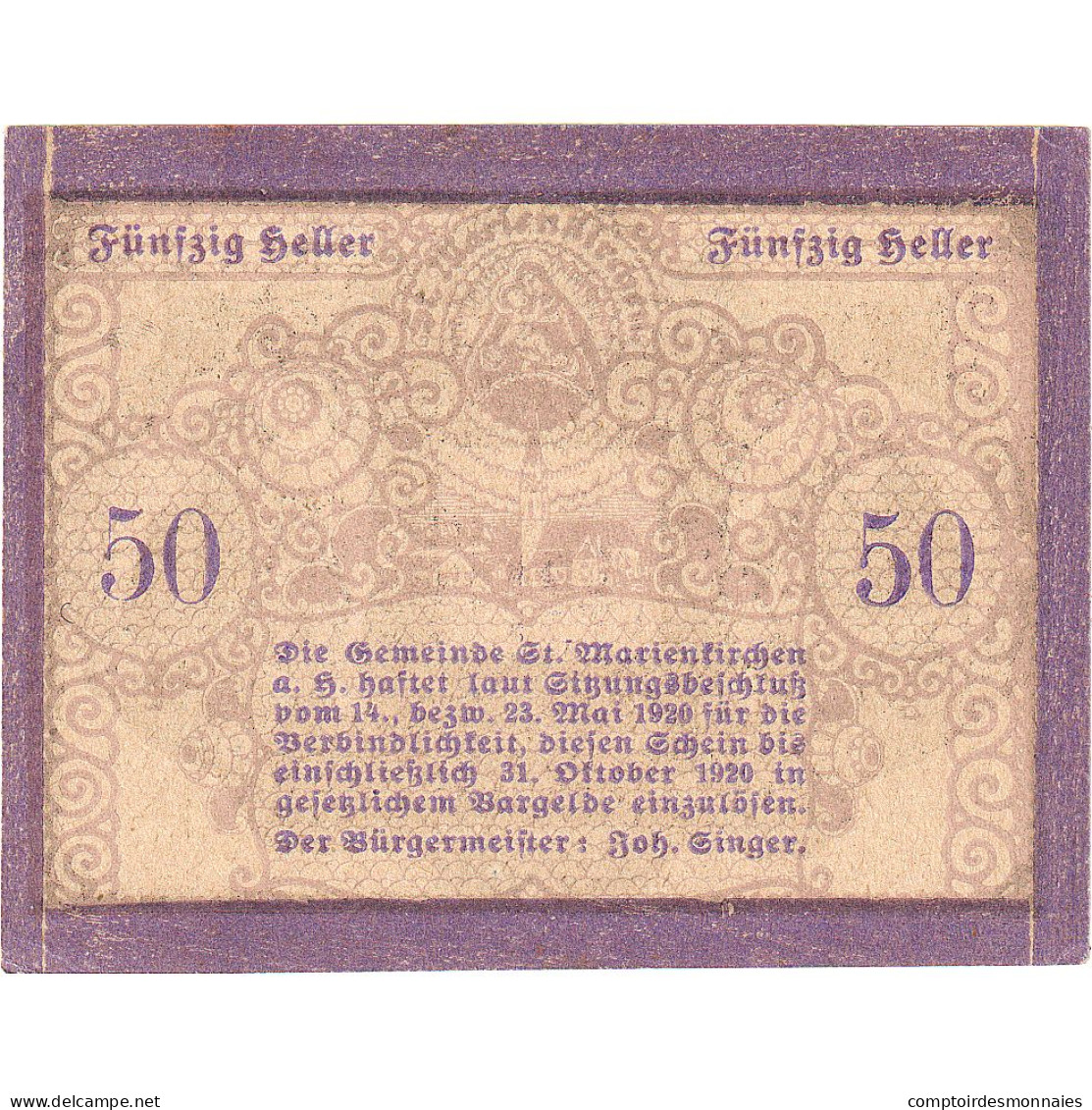 Autriche, Marienkirchen, 50 Heller, Portrait, 1920, 1920-10-31, SPL, Mehl:FS 908 - Oesterreich