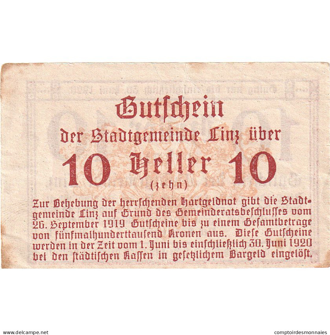 Autriche, Linz, 10 Heller, Texte, 1920, 1920-06-30, TTB, Mehl:FS 529a - Oesterreich