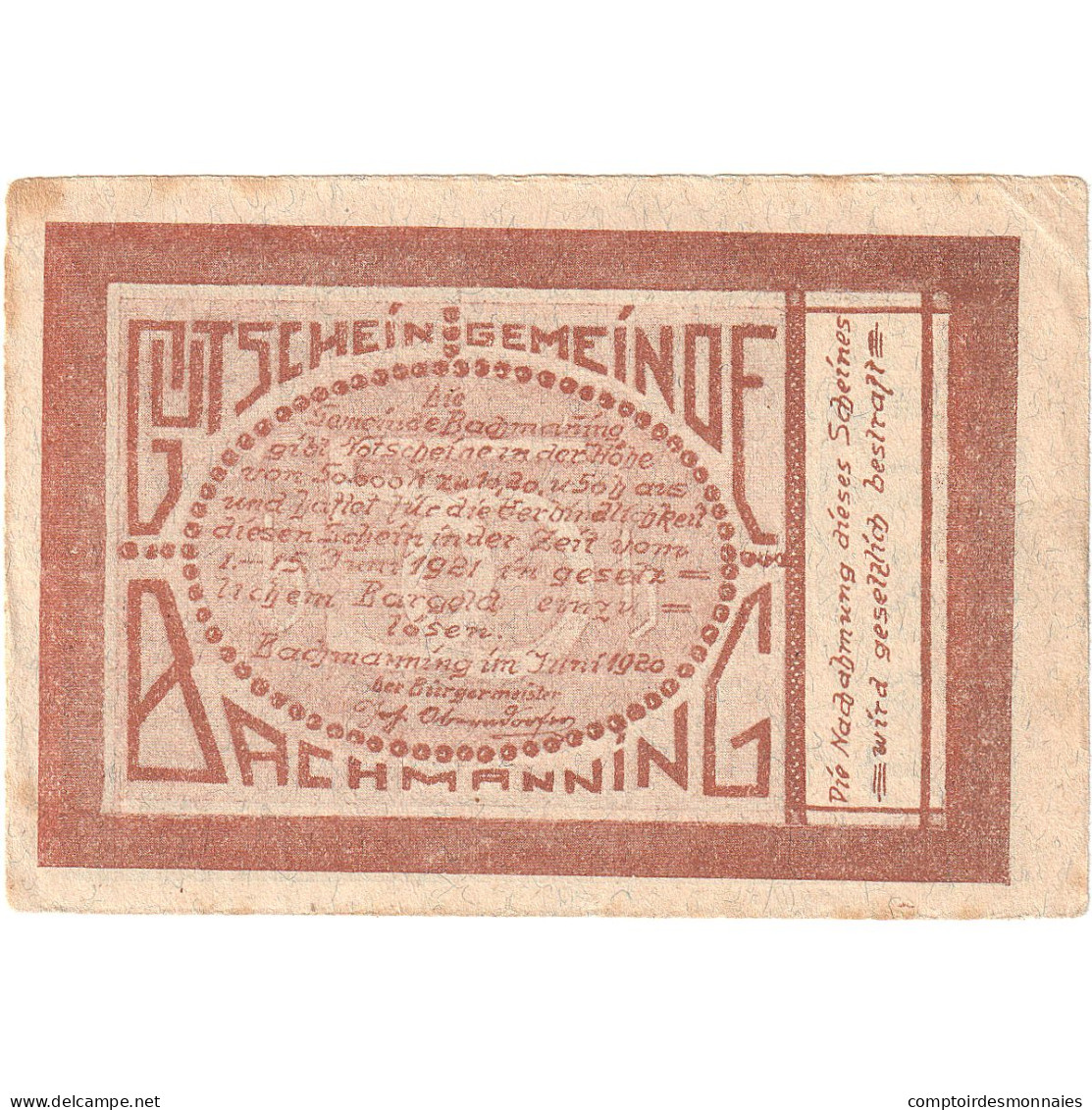 Autriche, Bachmanning, 50 Heller, Eglise, 1921, 1921-06-15, SUP, Mehl:FS 72Ia - Oesterreich