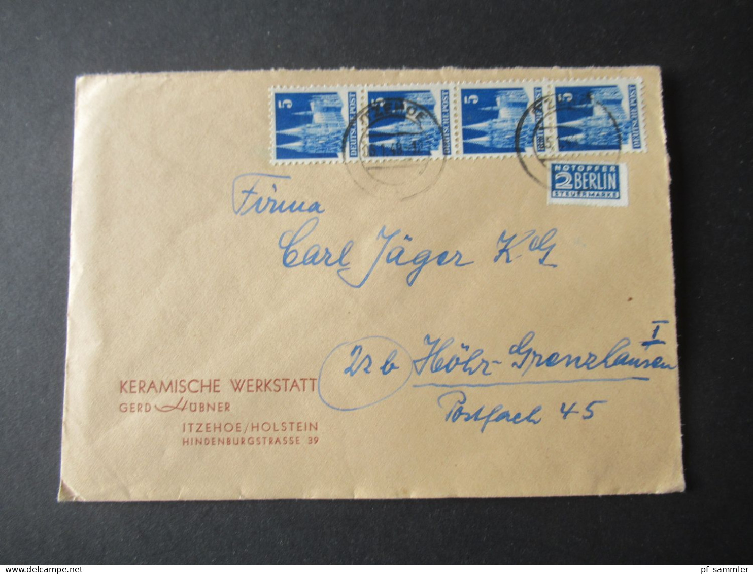 Bizone Bauten 1949 Mi.Nr.75 (4) MeF Senkrechter 4er Streifen! Umschlag Keramische Werkstatt Gerd Hübner Itzehoe Holstein - Storia Postale