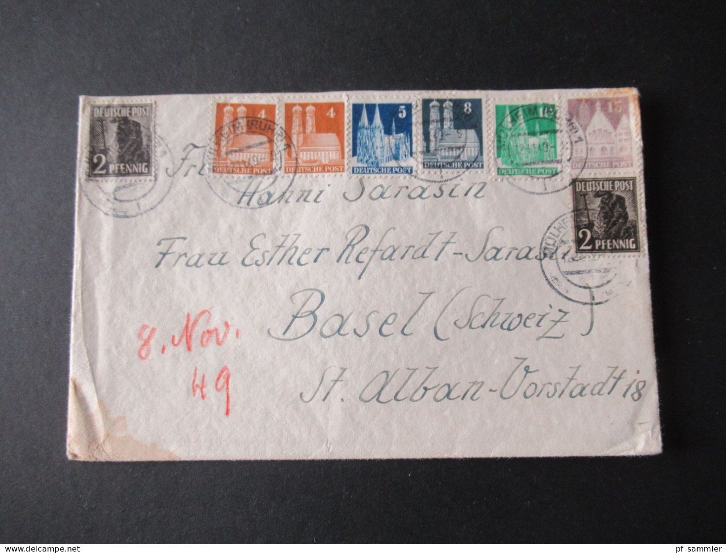 Bizone Bauten 1949 MiF Mit Kontrollrat Tagesstempel Mülheim (Ruhr) Nach Basel Schweiz / Auslandsbrief - Lettres & Documents