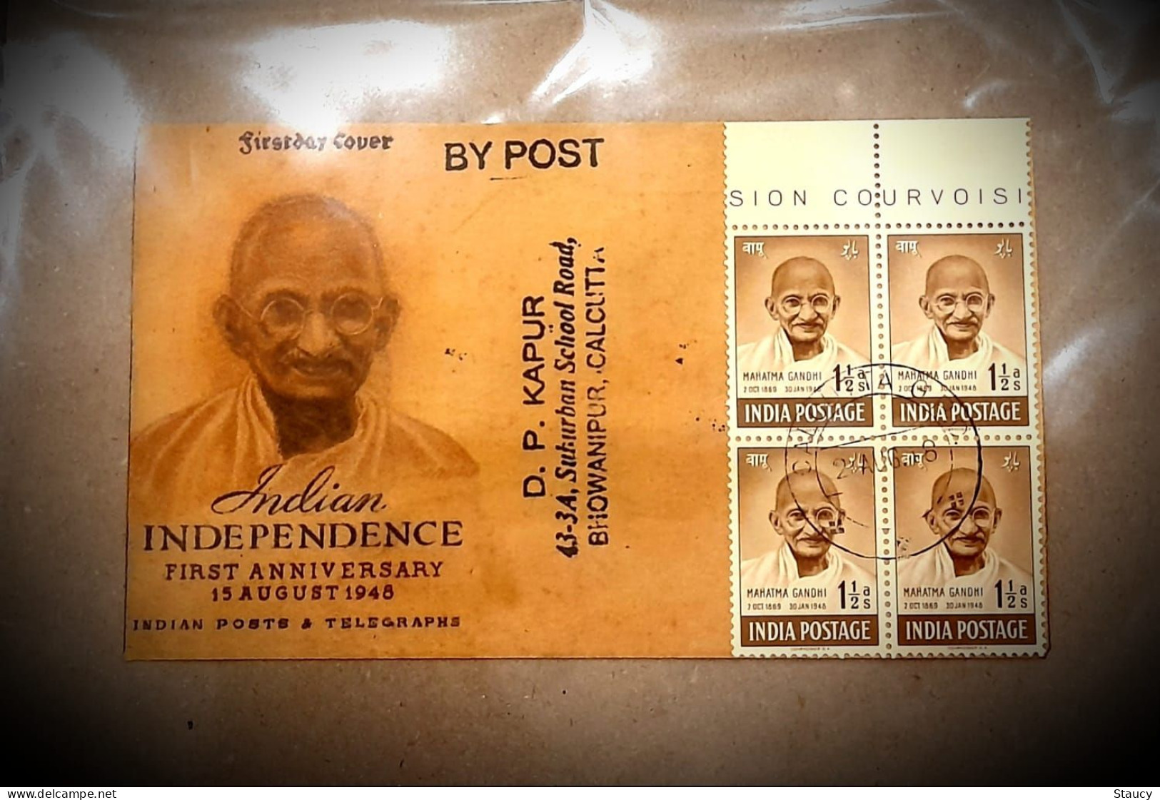 India 1948 Mahatma Gandhi 1 1/2a BLOCK Of 4 Franking On CALCUTTA POSTAL USED COVER As Per Scan Ex Rare - Mahatma Gandhi
