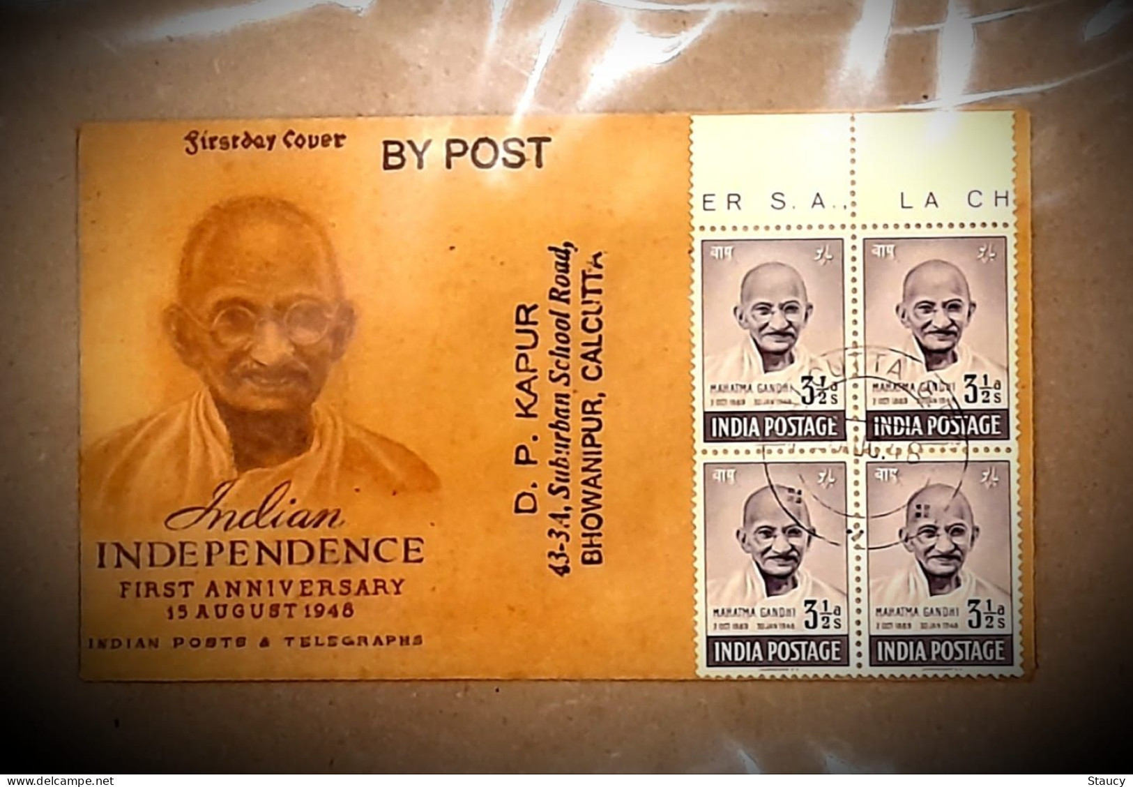 India 1948 Mahatma Gandhi 3 1/2a BLOCK Of 4 Franking On CALCUTTA POSTAL USED COVER As Per Scan Ex Rare - Mahatma Gandhi