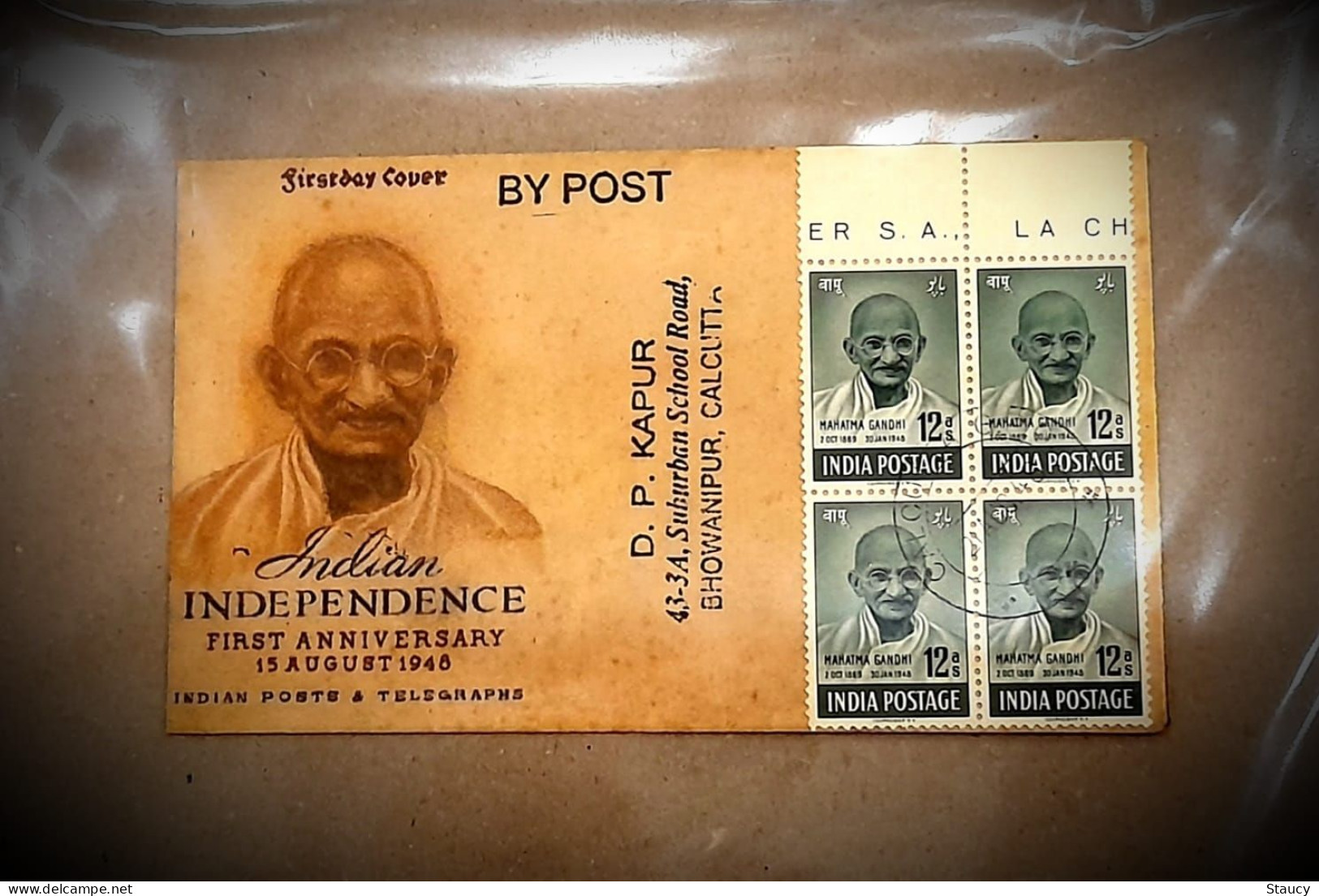 India 1948 Mahatma Gandhi 12a BLOCK Of 4 Franking On CALCUTTA POSTAL USED COVER As Per Scan Ex Rare - Mahatma Gandhi