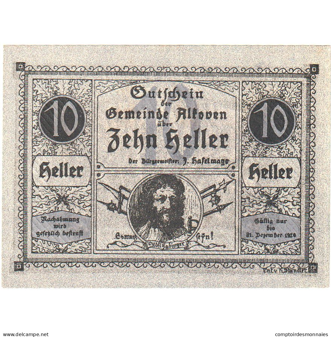 Autriche, Alkoven, 10 Heller, Portrait, 1920, 1920-12-31, SPL, Mehl:FS 18IIa - Oesterreich