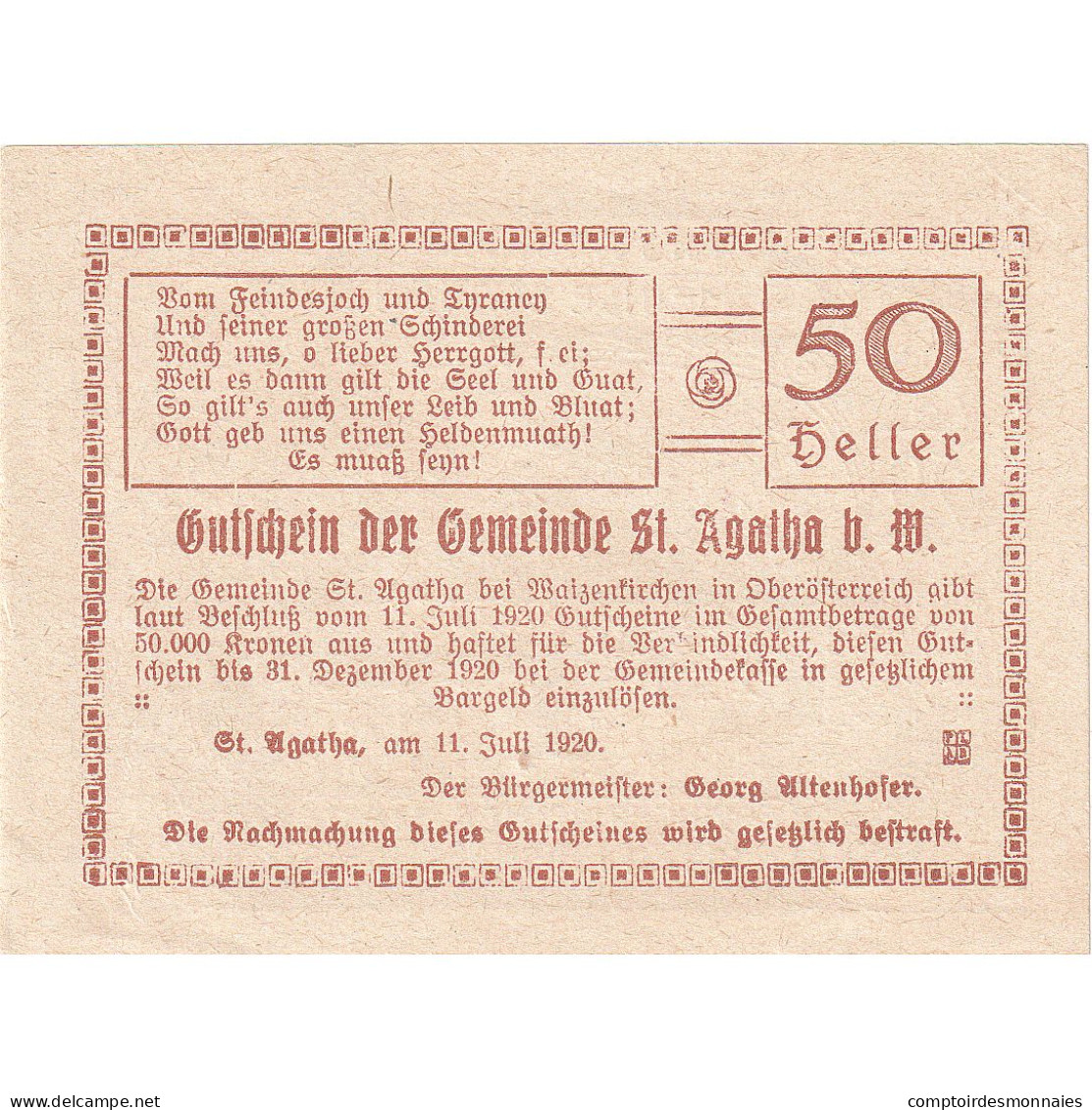 Autriche, St Agatha, 50 Heller, Lac, 1920, 1920-12-31, SUP+, Mehl:FS 877IIb2 - Oesterreich