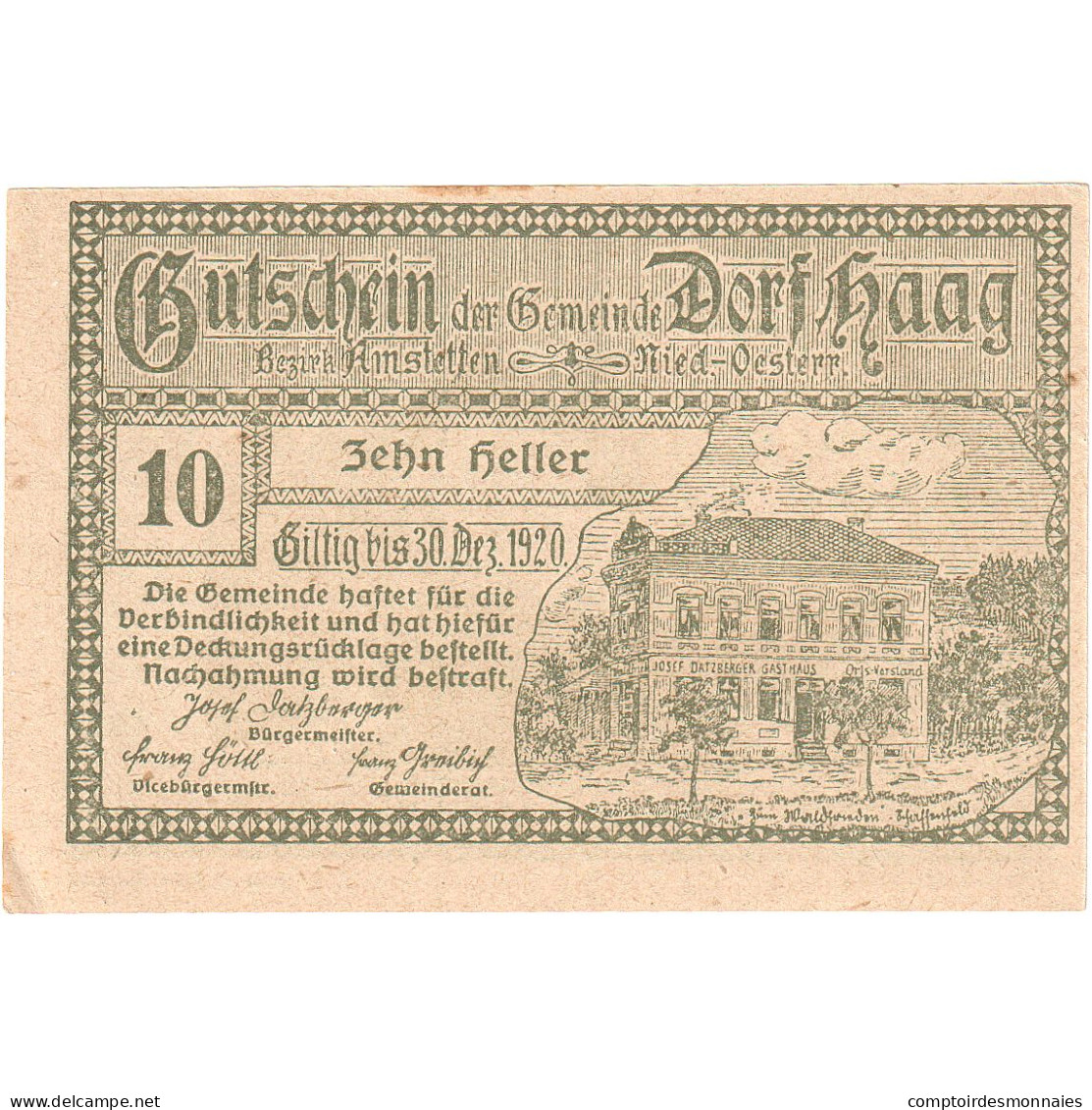 Autriche, Dorf Haag, 10 Heller, Manoir, 1920, 1920-12-30, SPL, Mehl:FS 317c - Oesterreich