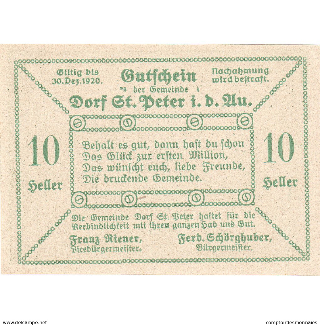 Autriche, Dorf St Peter, 10 Heller, Texte, 1920, 1920-12-30, SPL, Mehl:FS 923Aa - Oesterreich