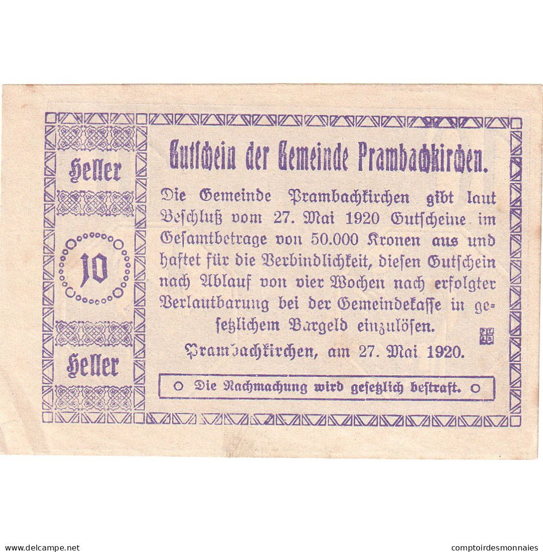 Autriche, Prambachkirchen, 10 Heller, Eglise, 1920, SUP+, Mehl:FS 779a - Oesterreich