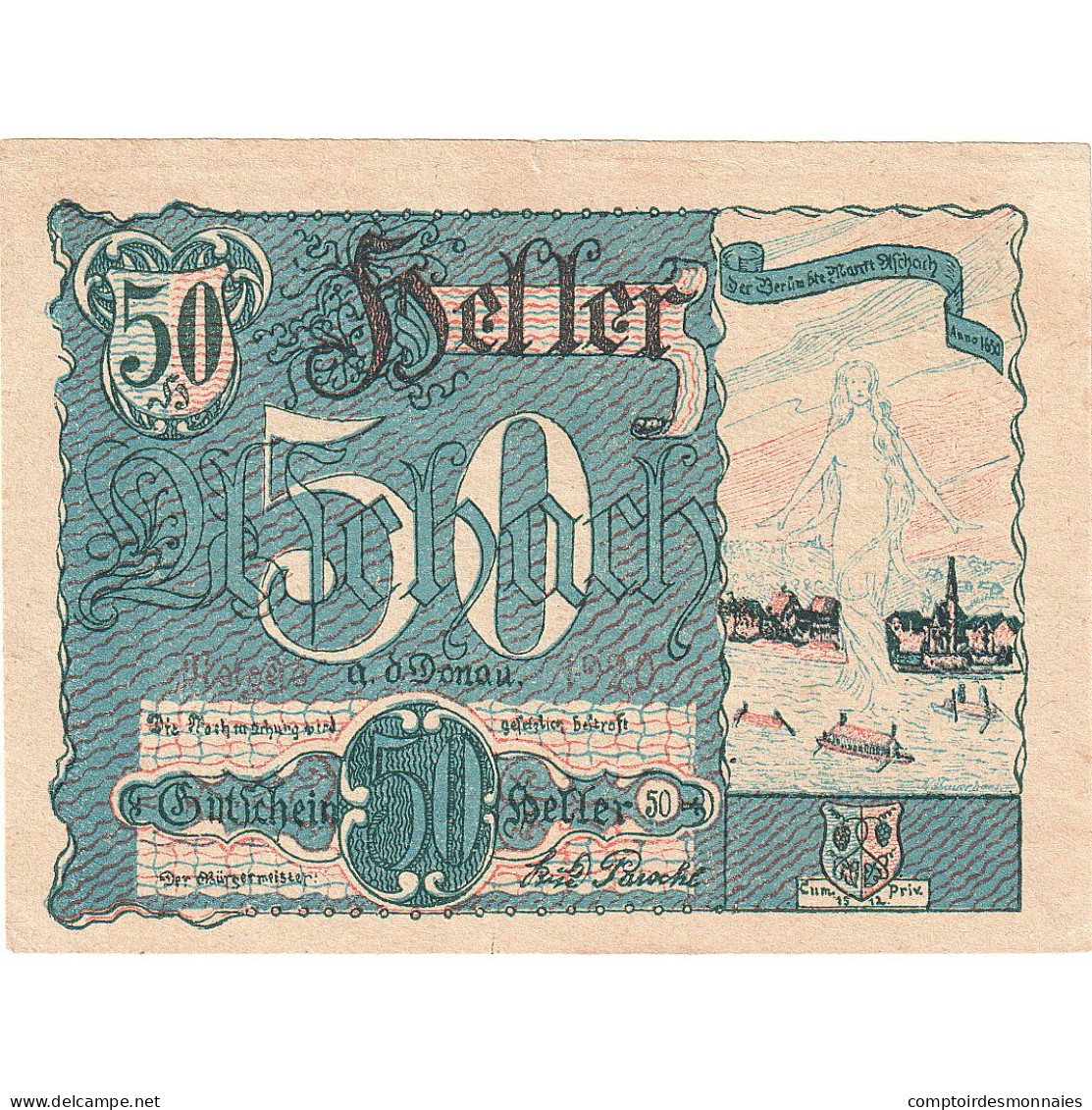 Autriche, Aschach, 50 Heller, Déesse, 1920, SUP, Mehl:FS 53IIb18 - Oesterreich