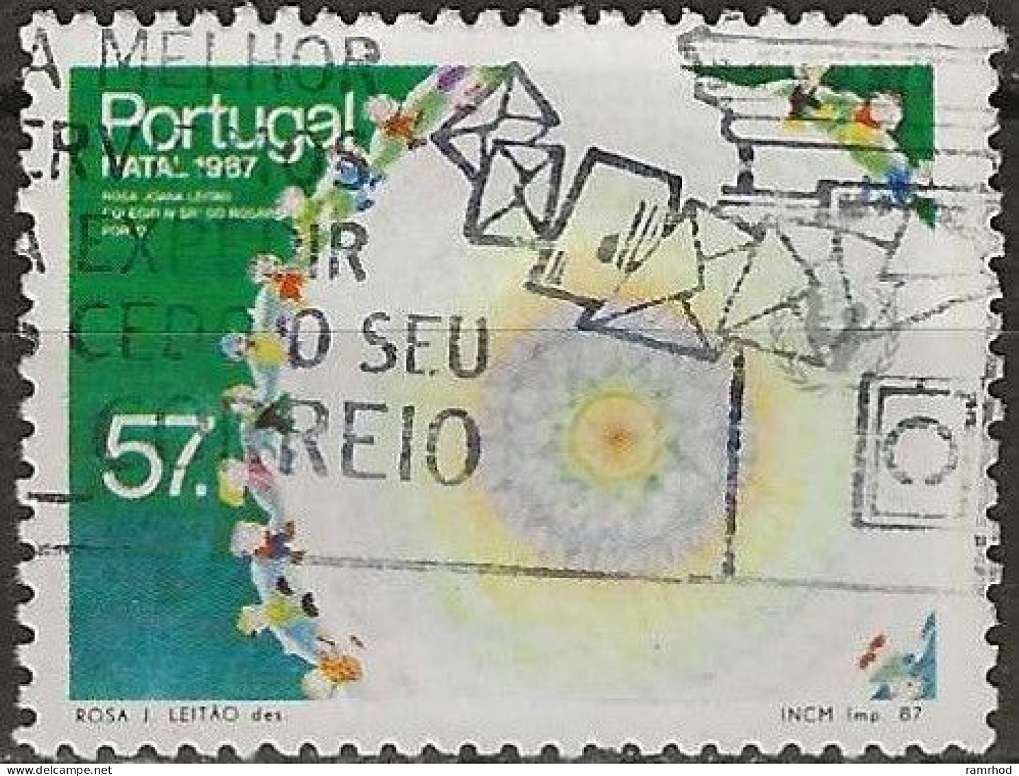 PORTUGAL 1987 Christmas. Children's Paintings - 57e. - Children Dancing Around Sunburst (Rosa J. Leitao) AVU - Used Stamps