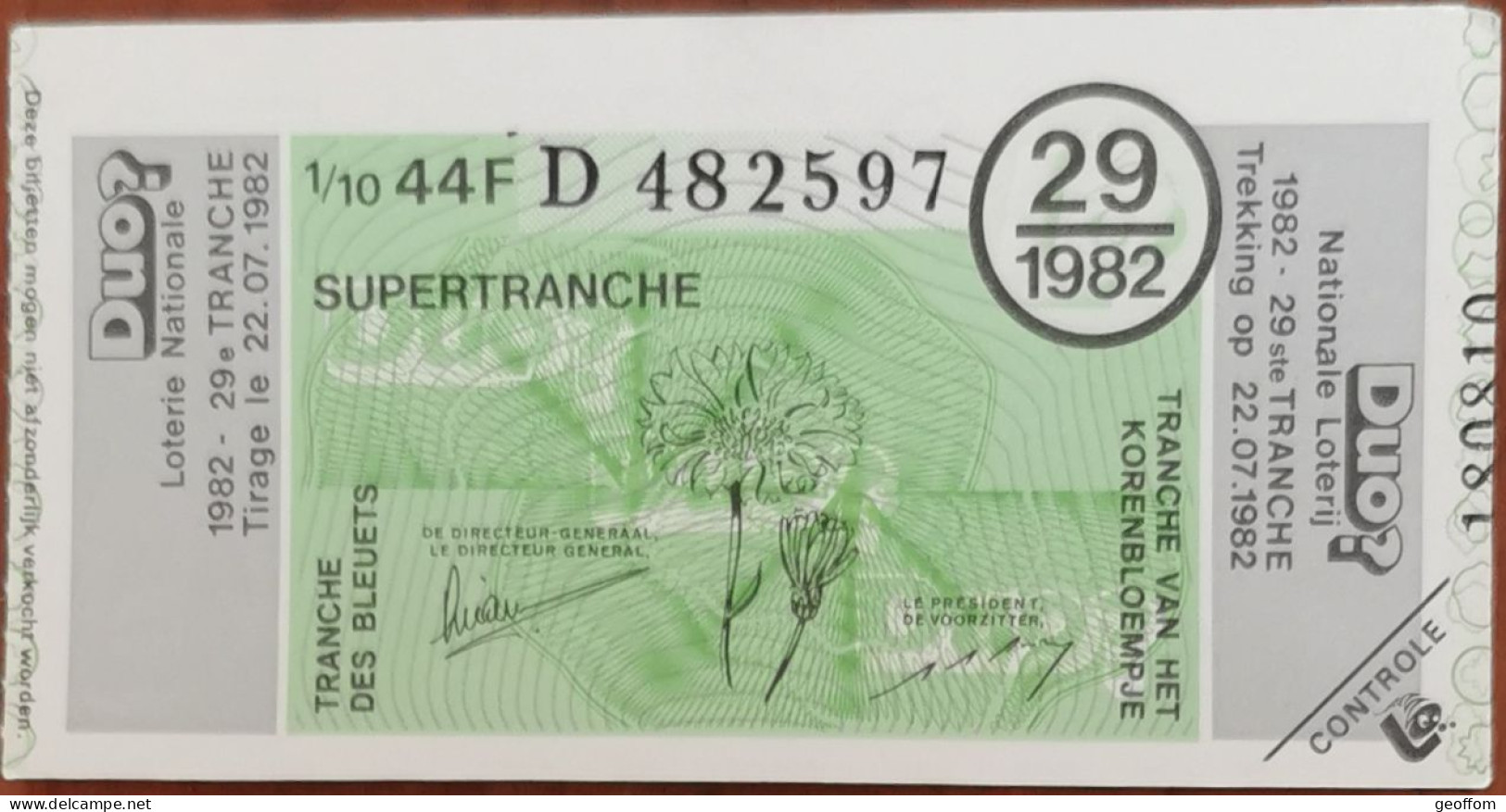 Billet De Loterie Nationale Belgique 1982 29e Tr - SuperTranche Des Bleuets - 22-7-1982 - Billetes De Lotería