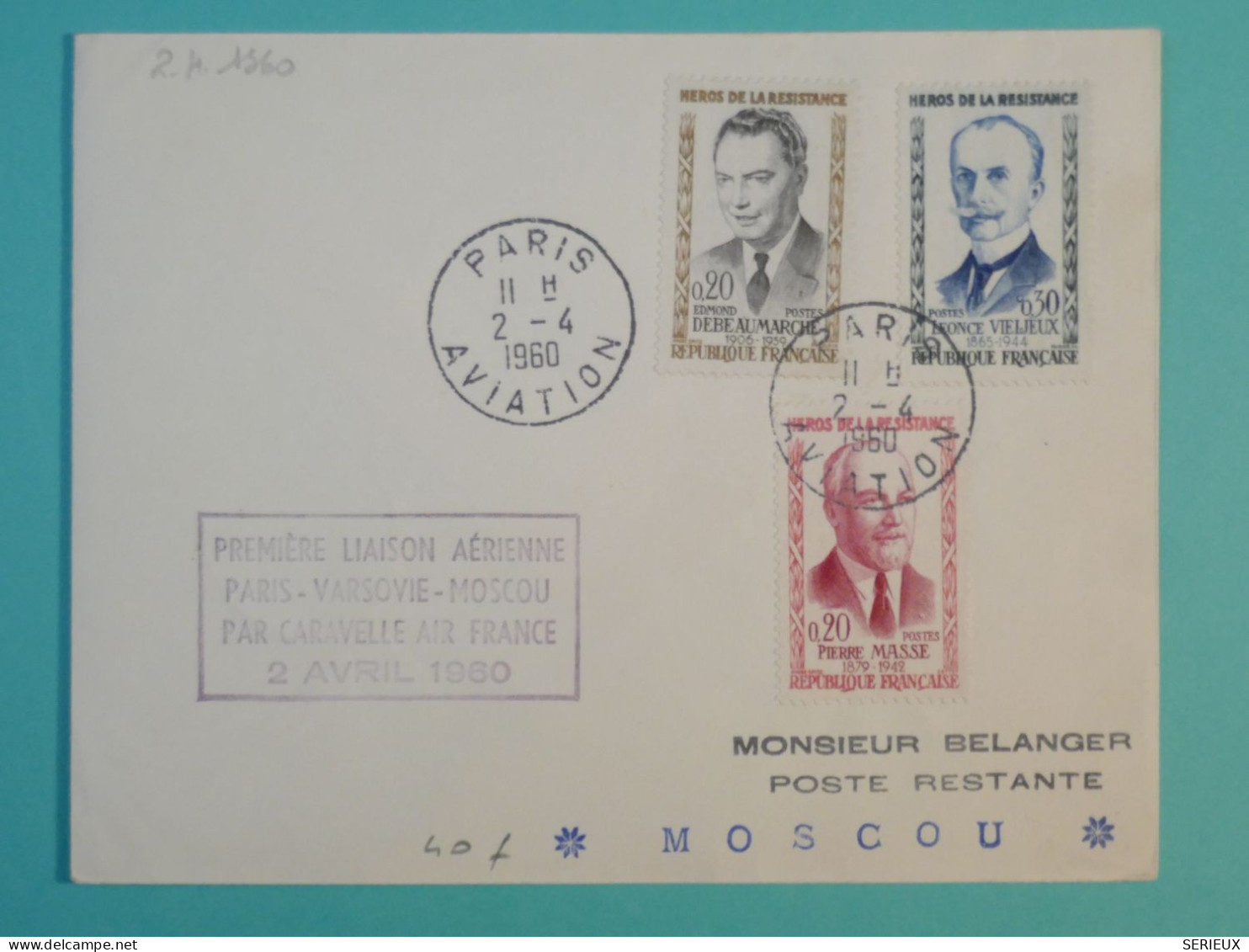 AH0 FRANCE    BELLE  LETTRE  1960  1ER VOL  PARIS MOSCOU RUSSIE +AFF. PLAISANT++ + - 1960-.... Cartas & Documentos