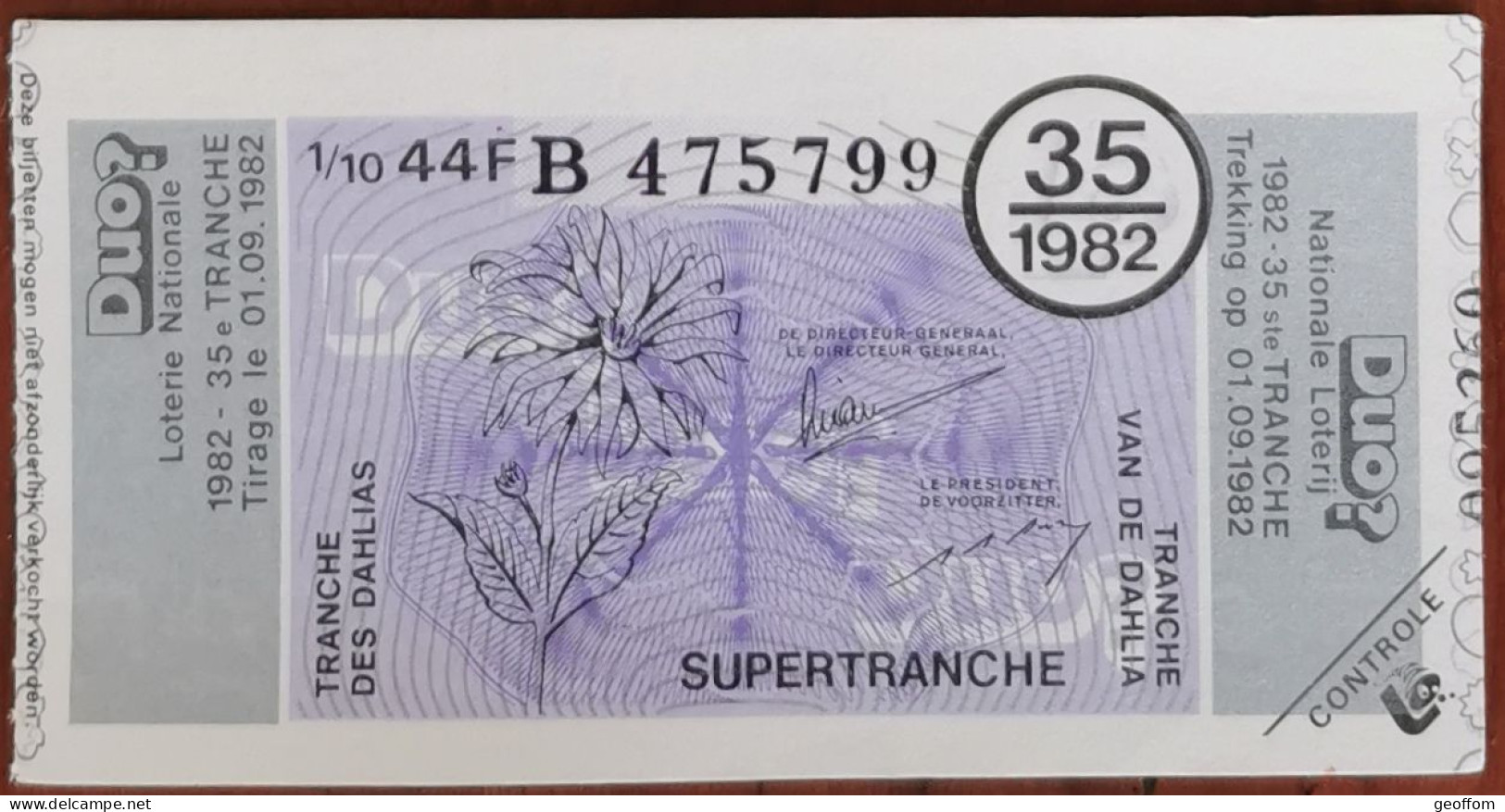 Billet De Loterie Nationale Belgique 1982 35e Tr - SuperTranche Des Dahlias - 1-9-1982 - Billetes De Lotería