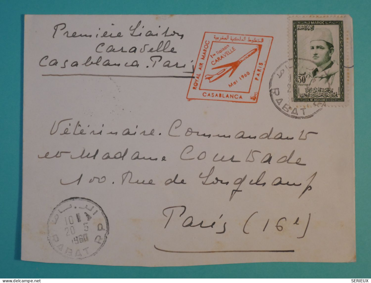 AH0 MAROC   BELLE  LETTRE  1960  1ER VOL  RABAT A PARIS FRANCE  +AFF. PLAISANT++ + - Covers & Documents