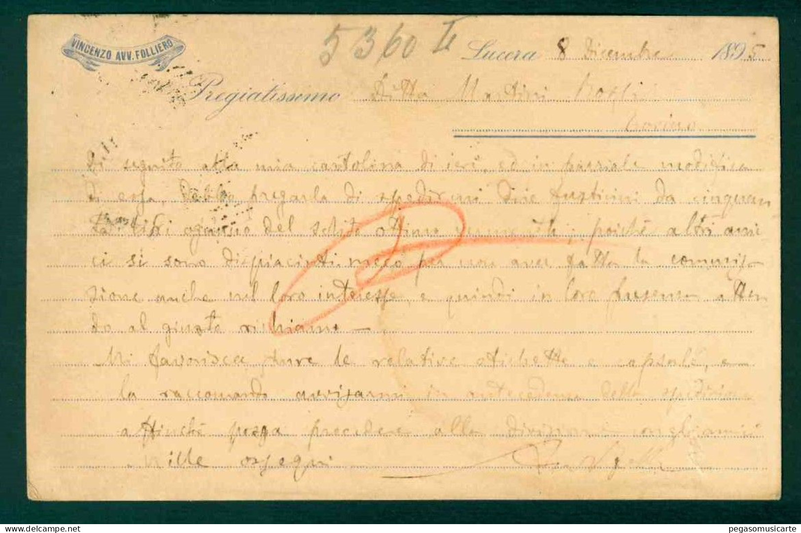 BB036 - AVVOCATO VINCENZO FOLLIERO LUCERA FOGGIA CARTOLINA COMMERCIALE PER TORINO 1895 - Shopkeepers