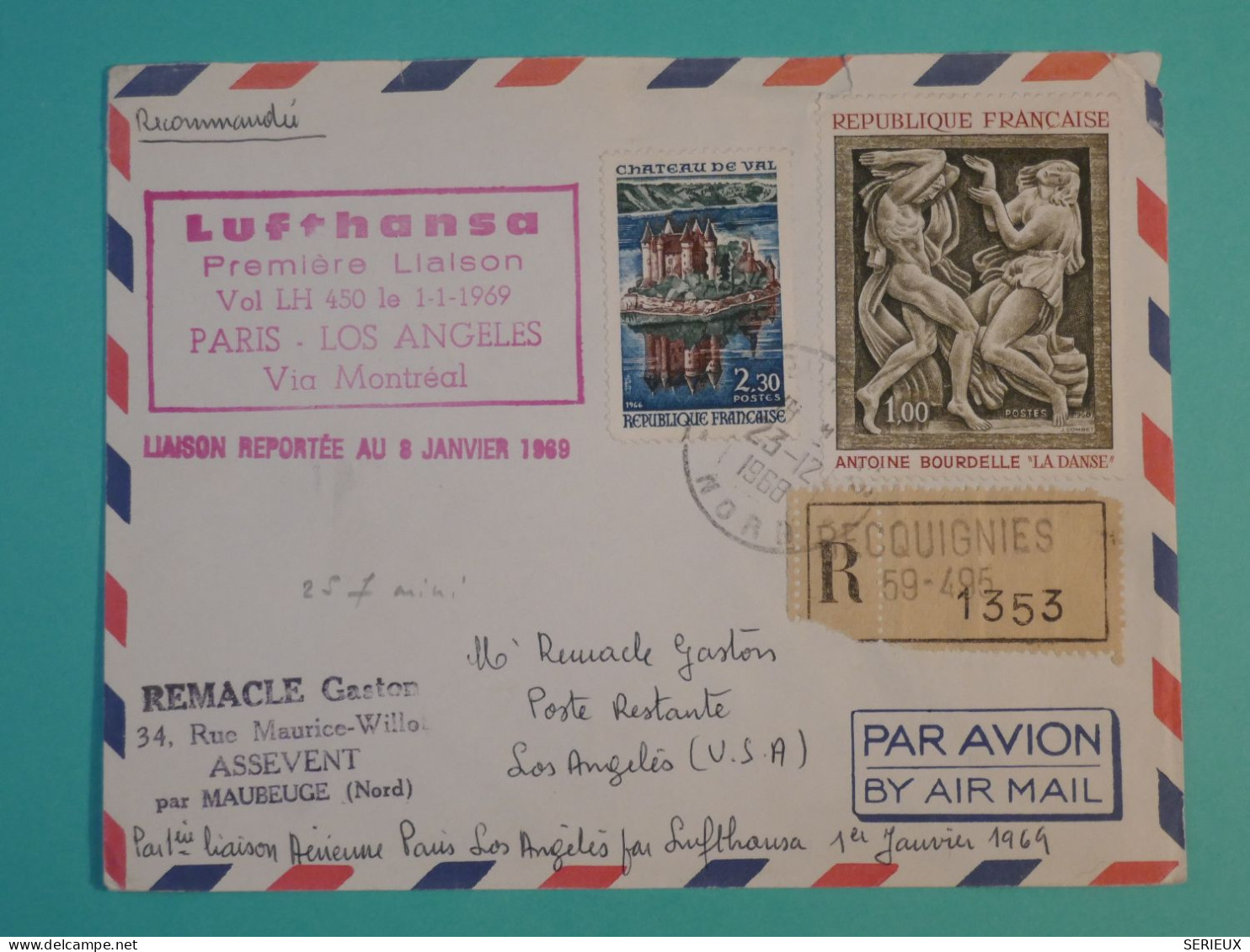 AH0 FRANCE   BELLE  LETTRE RARE  1ER JANV. 1969  1ER VOL REPORTé  DE RECOIGNIES A LOS ANGELES    +AFF. PLAISANT++ + - 1960-.... Briefe & Dokumente