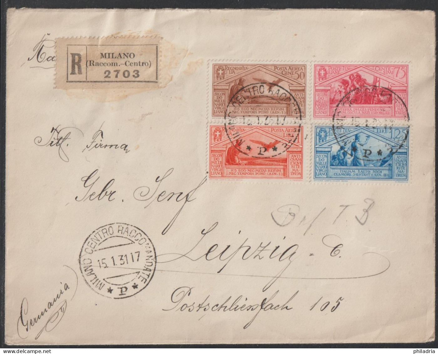 Italy, 1931, Cover, Sent Registered With Air Mail From Milano To Leipzig - Marcophilie (Avions)