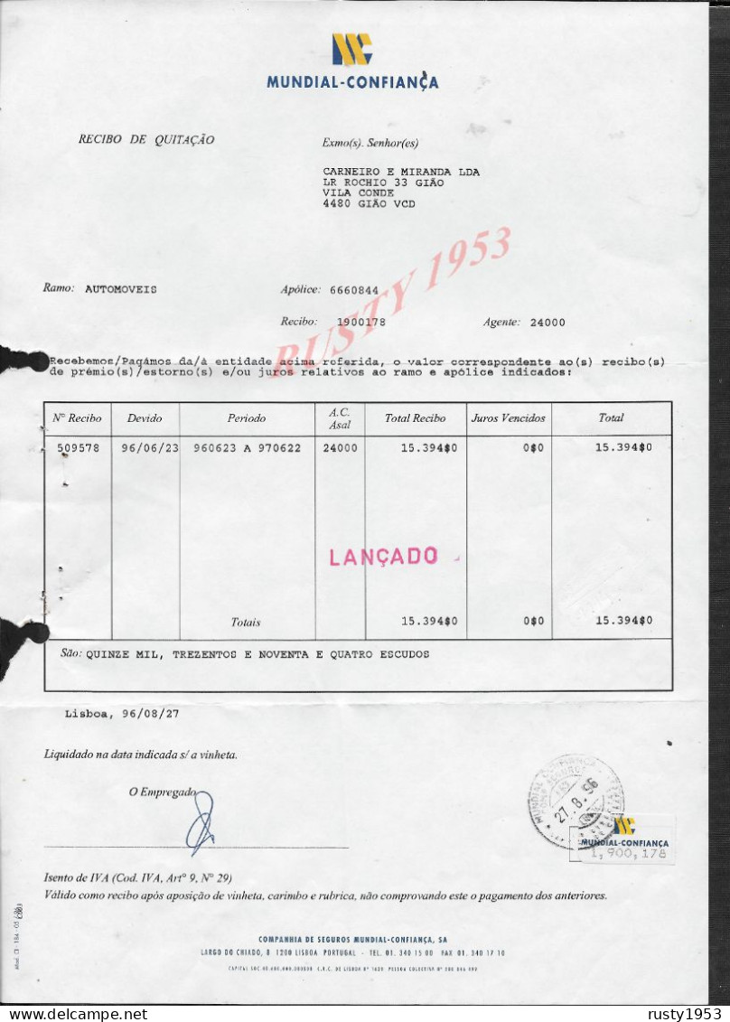 PORTUGAL REÇU FACTURE MUNDIAL CONFIANCE AVEC CACHET VIGNETE FISCALE À Mr CARNEIRO & MIRANDA GIAO VILA DO CONDE : - Portugal