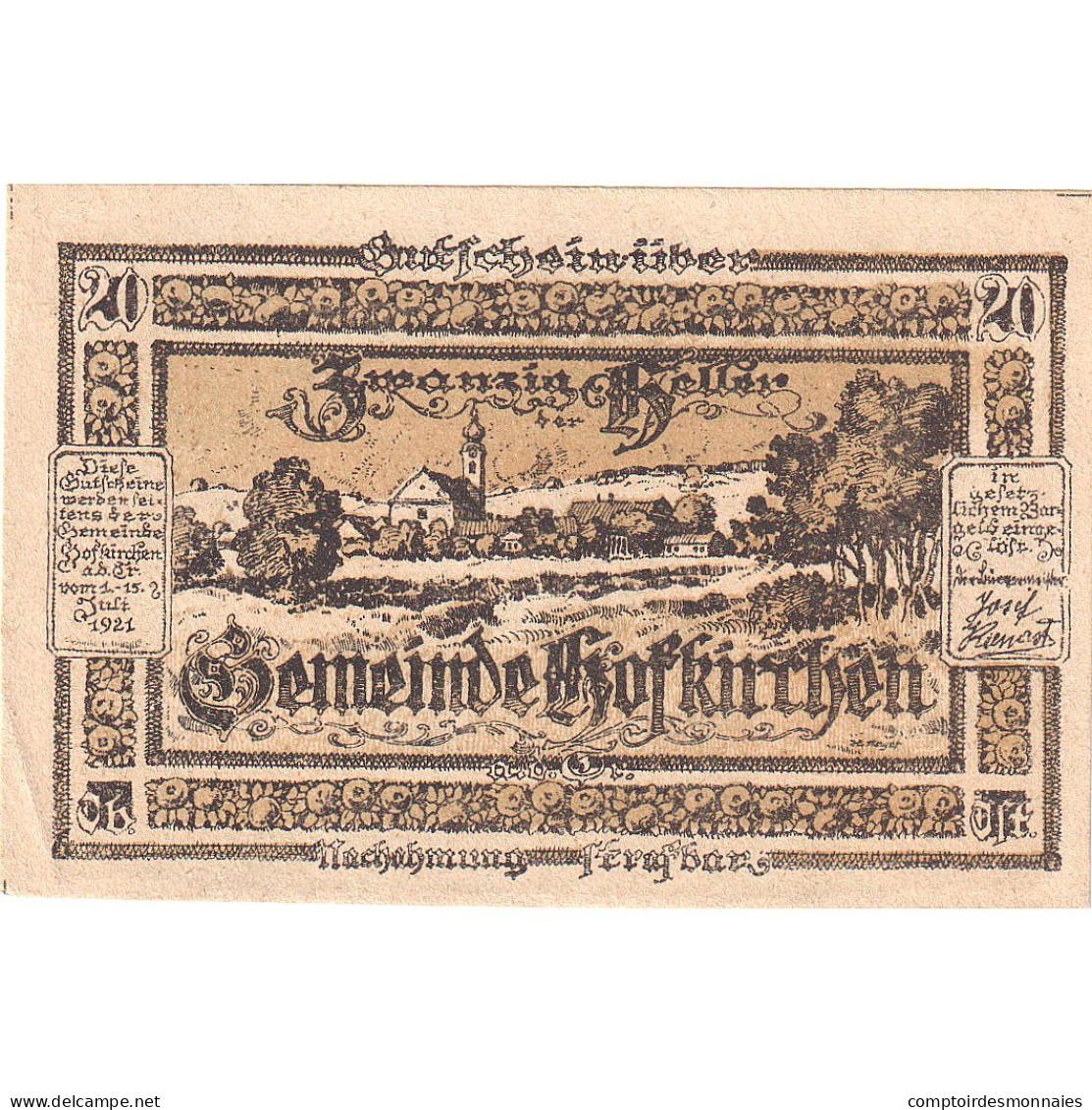 Autriche, Hofkirchen, 20 Heller, Blason, 1921, 1921-07-15, SPL, Mehl:FS 385a - Oesterreich