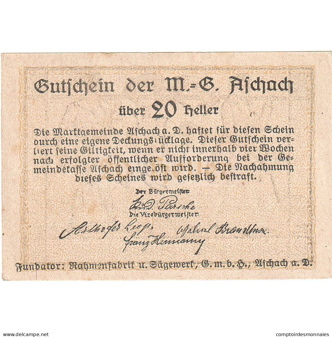 Autriche, Aschach, 20 Heller, Blason, 1920, SUP+, Mehl:FS 53IIb01 - Oesterreich