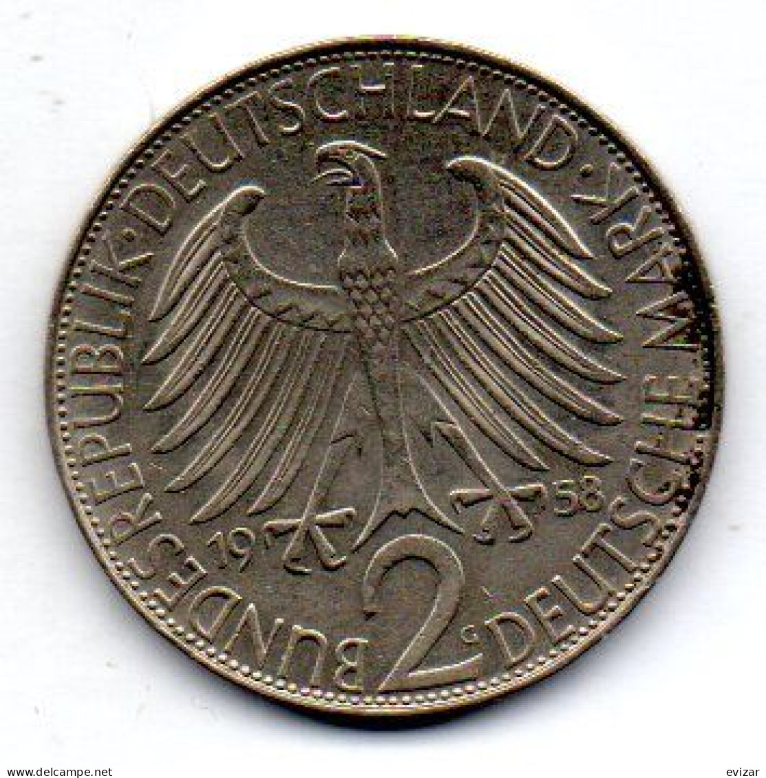 GERMANY - FEDERAL REPUBLIC, 2 Mark, Copper-Nickel, Year 1958-G, KM # 116 - 2 Mark