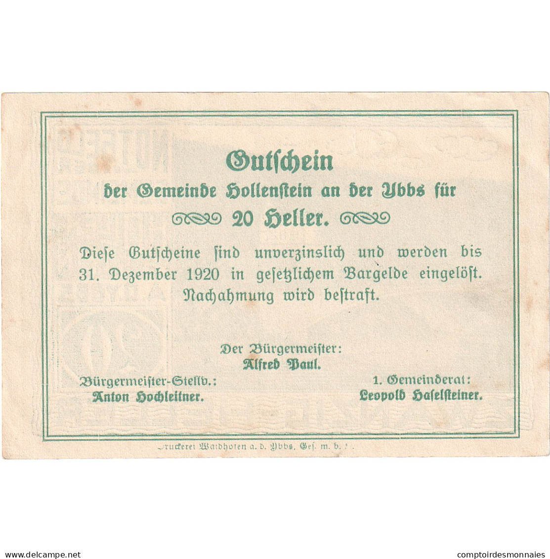 Autriche, Hollenstein, 20 Heller, Pont, 1920, 1920-12-31, SUP, Mehl:FS 395a - Oesterreich